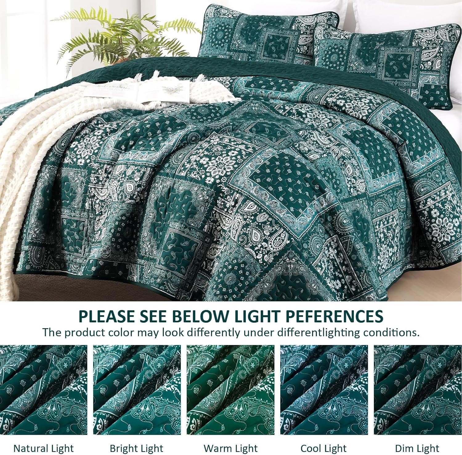 Cottolester King Quilt Set 3 Pieces,Emerald Green Patchwork Quilt Set,Boho Farmhouse Bedspread Soft Microfiber Bedding Set 110"x90"