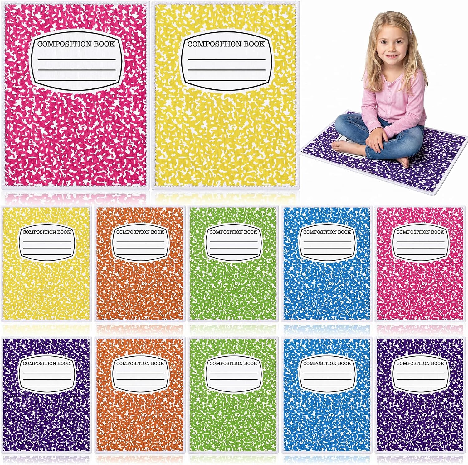 Weysat 12 Pcs Carpet Seat for Classroom Sitting 16.5 Inch Colorful Composition Notebook Floor Cushion Back to School Square Rug Non Slip Floor Mat for Preschool Kindergarten Daycare Elementary School