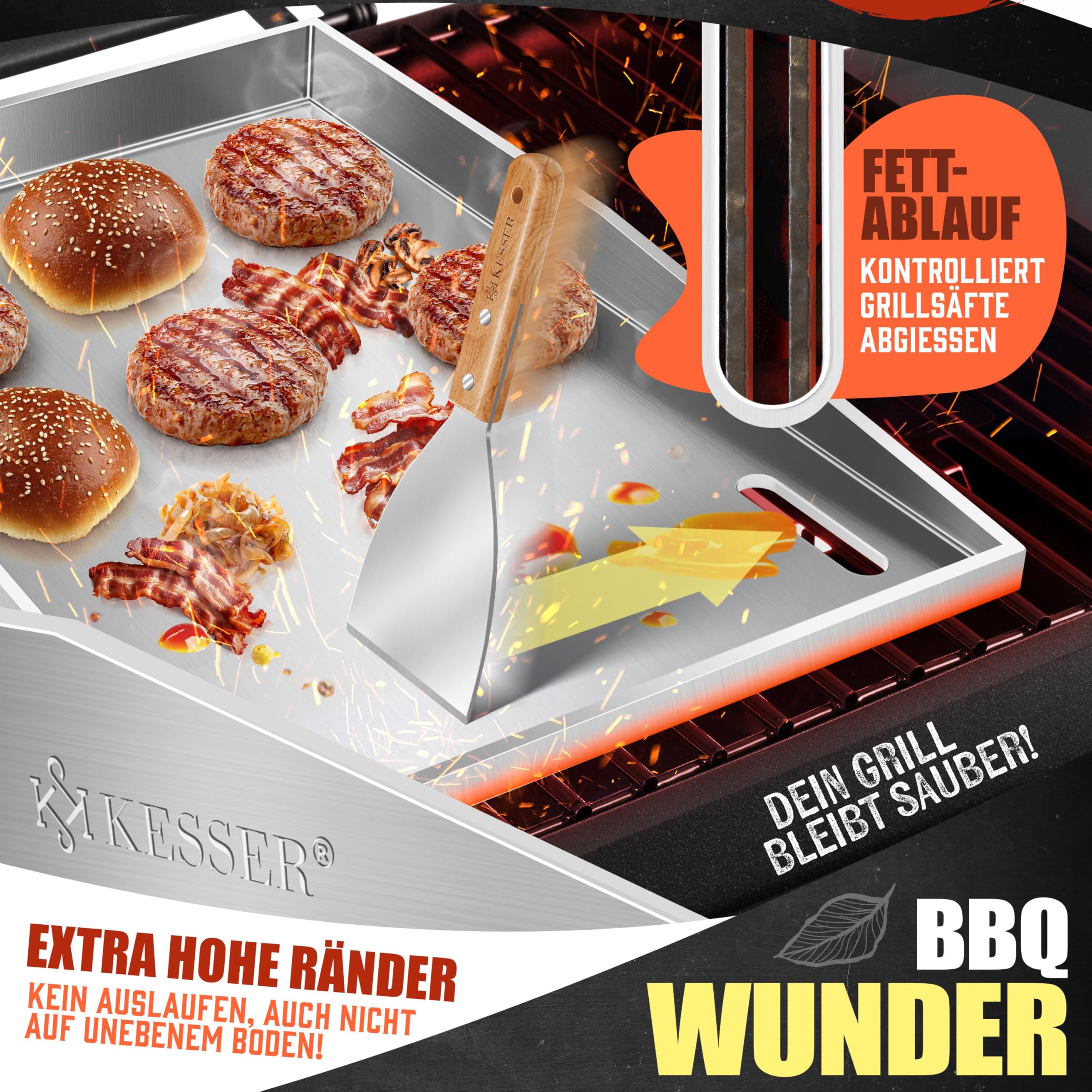 KESSER® Grillplatte Plancha aus Edelstahl 40x30cm rostfrei mit Fettablauf, hitzebeständig bis 800°C & Spülmaschinenfest für Gas & Holzkohlegrill inkl. 2 Spatel, Grillschürze, Grillmatte & Rezeptbuch