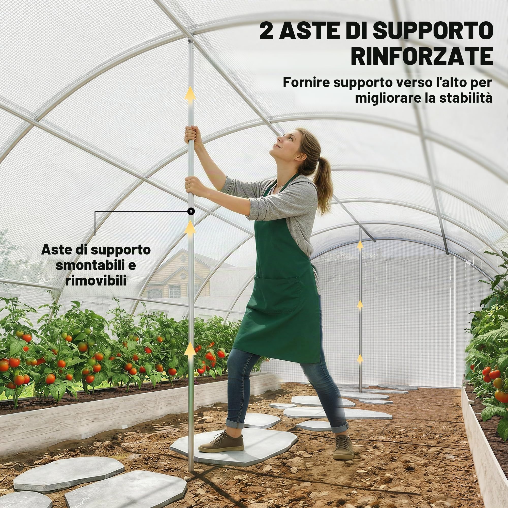 Outsunny Serra da esterno 6x4x2 m, Serra a tunnel con 2 aste di supporto, porte avvolgibili, finestre con rete, copertura in PE e telaio in acciaio zincato, anti-UV, impermeabile, bianca
