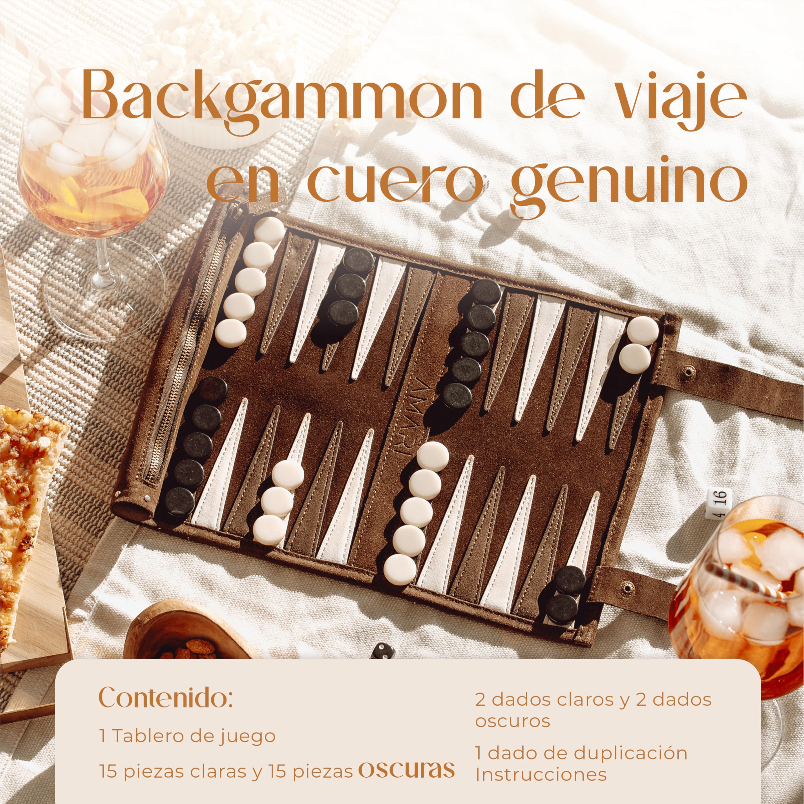 Amari ® Backgammon - Backgammon de viaje para viajes y viajes – Back Gammon, juego de maletas de backgammon de viaje de piel