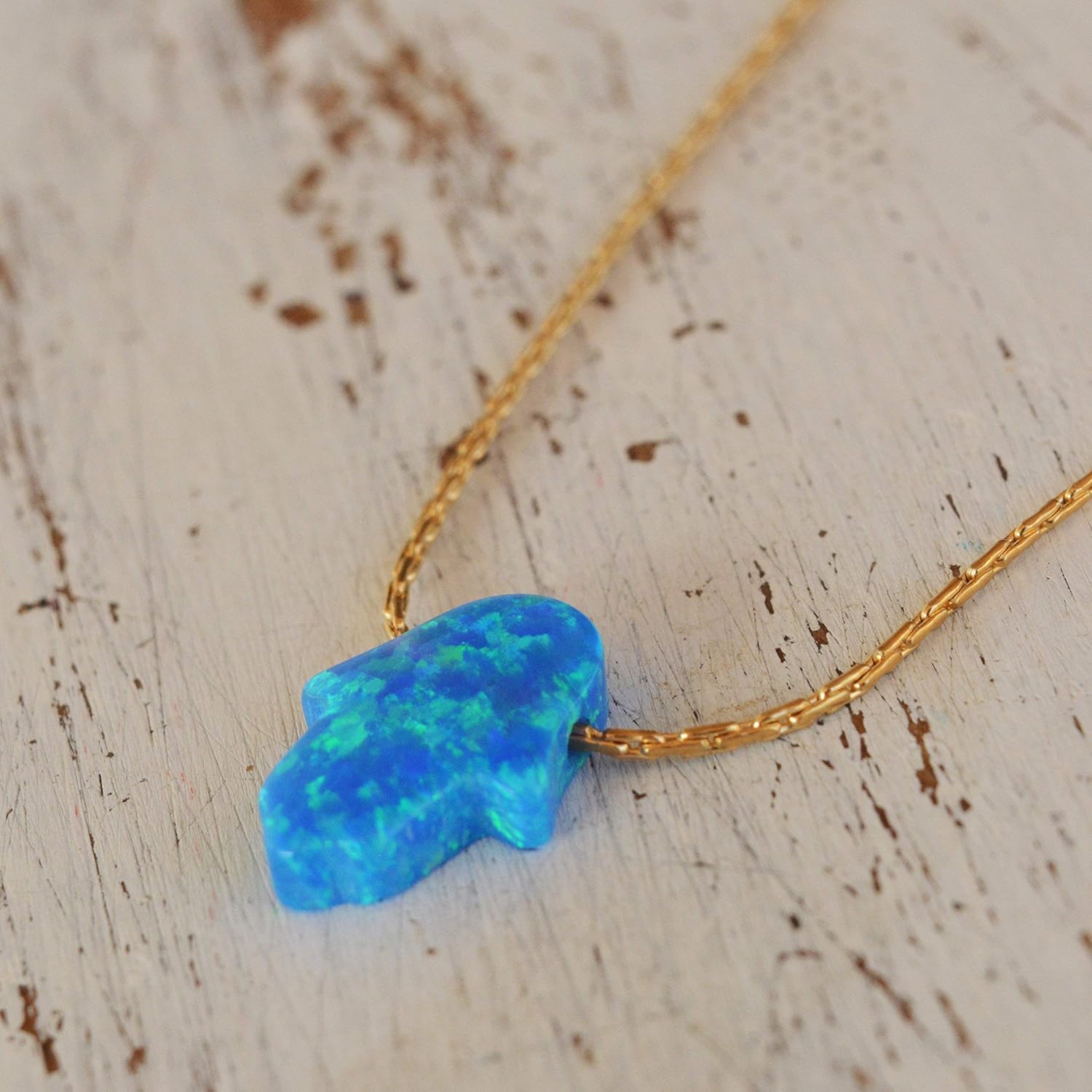 AVNIS Opal Necklace Blue Hamsa Hand Charm Handmade jewelry 16+ 2 inches extension