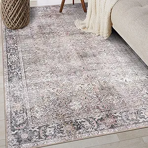 Rugshop Olive/Gray Vintage Distressed Area Rug — Machine Washable, 3'3"x5 for Living Room, Bedroom and Home Office