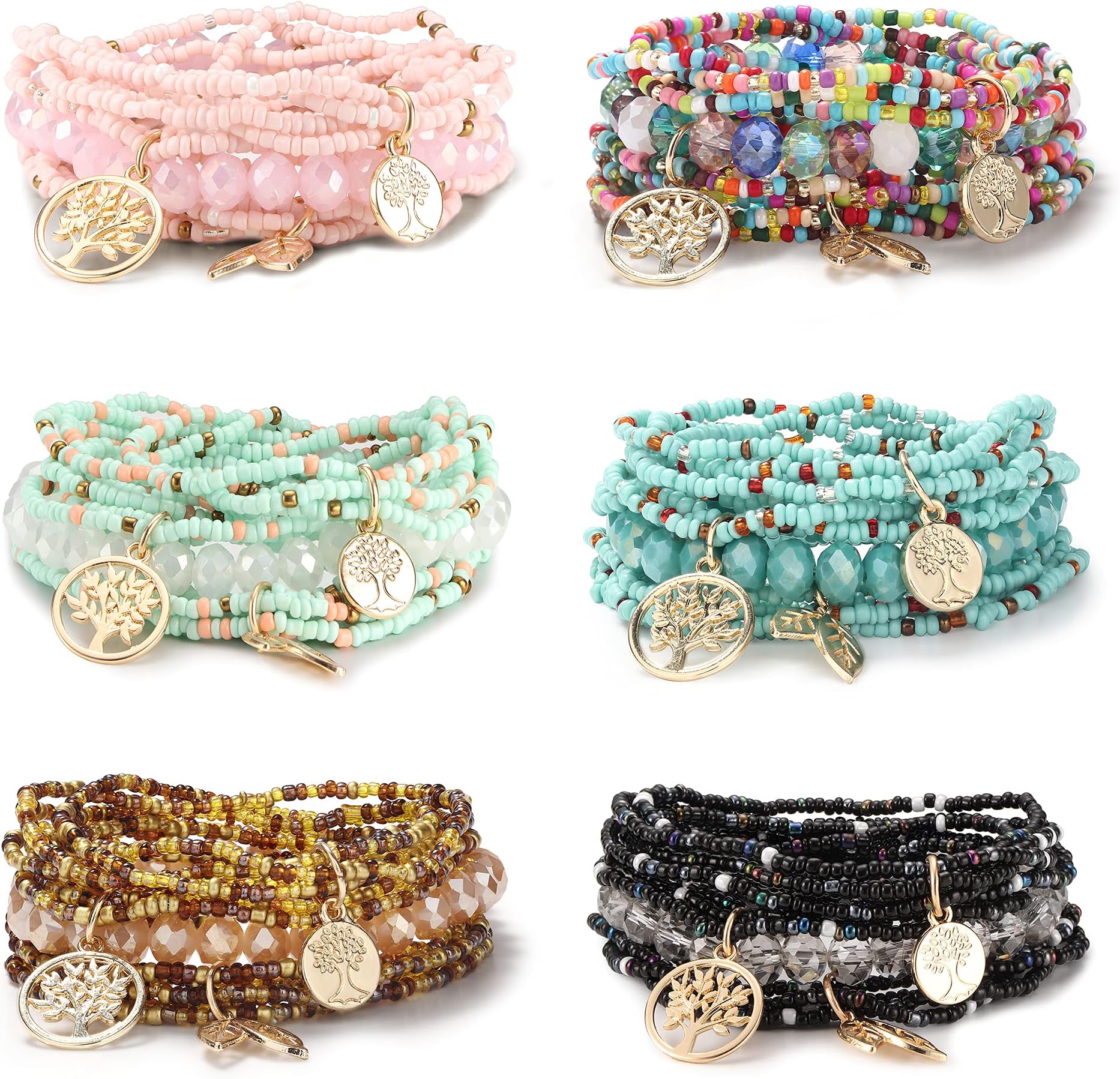 CASSIECA 6 Sets Bohemian Stackable Bracelets for Women Multilayered Stretch Bead Bracelet Set Boho Bangles Multicolor Fashion Jewelry