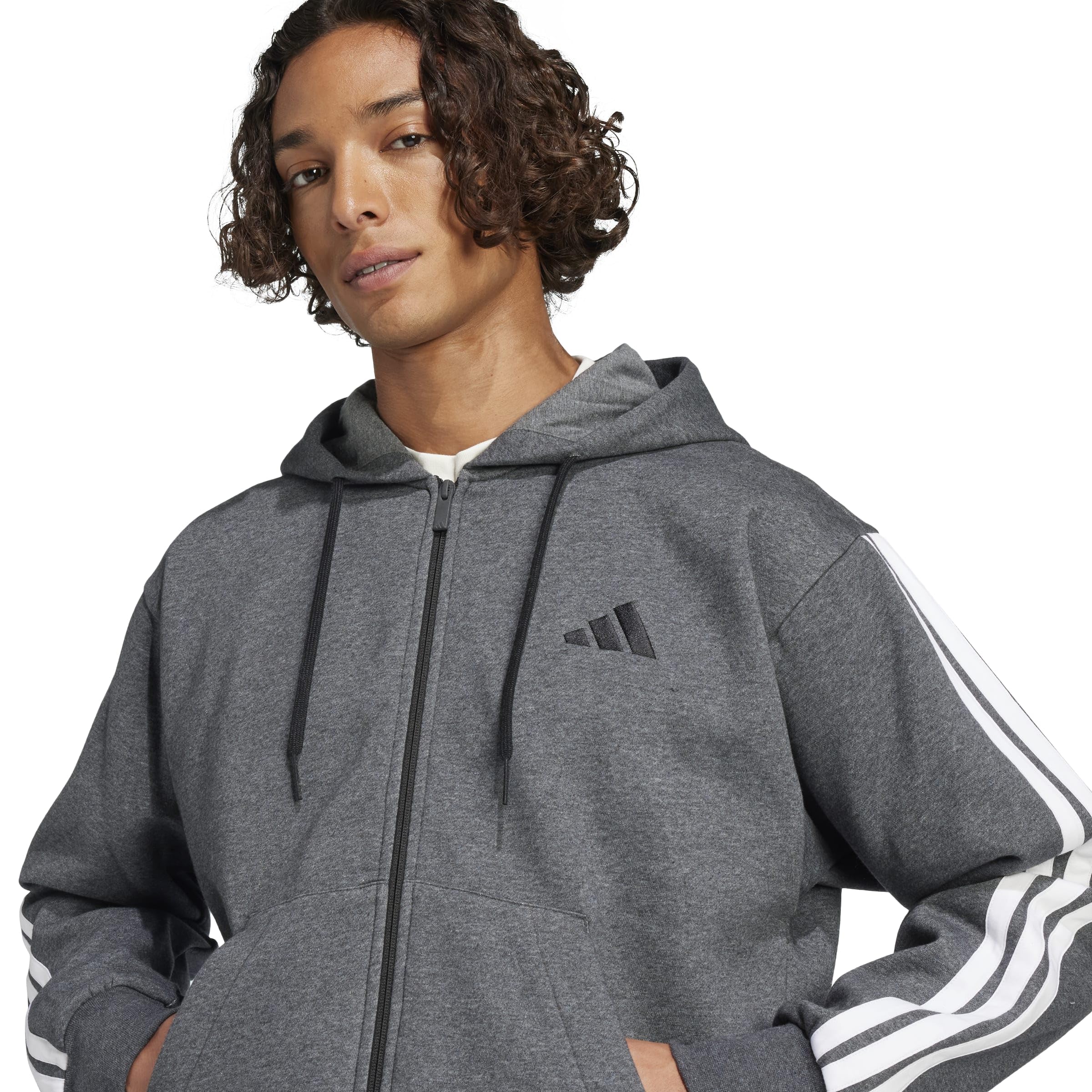 adidas Mezczyzni Essential Three Stripes Fleece Zipper Hoodie Sweatshirt, dark grey heather/black, S