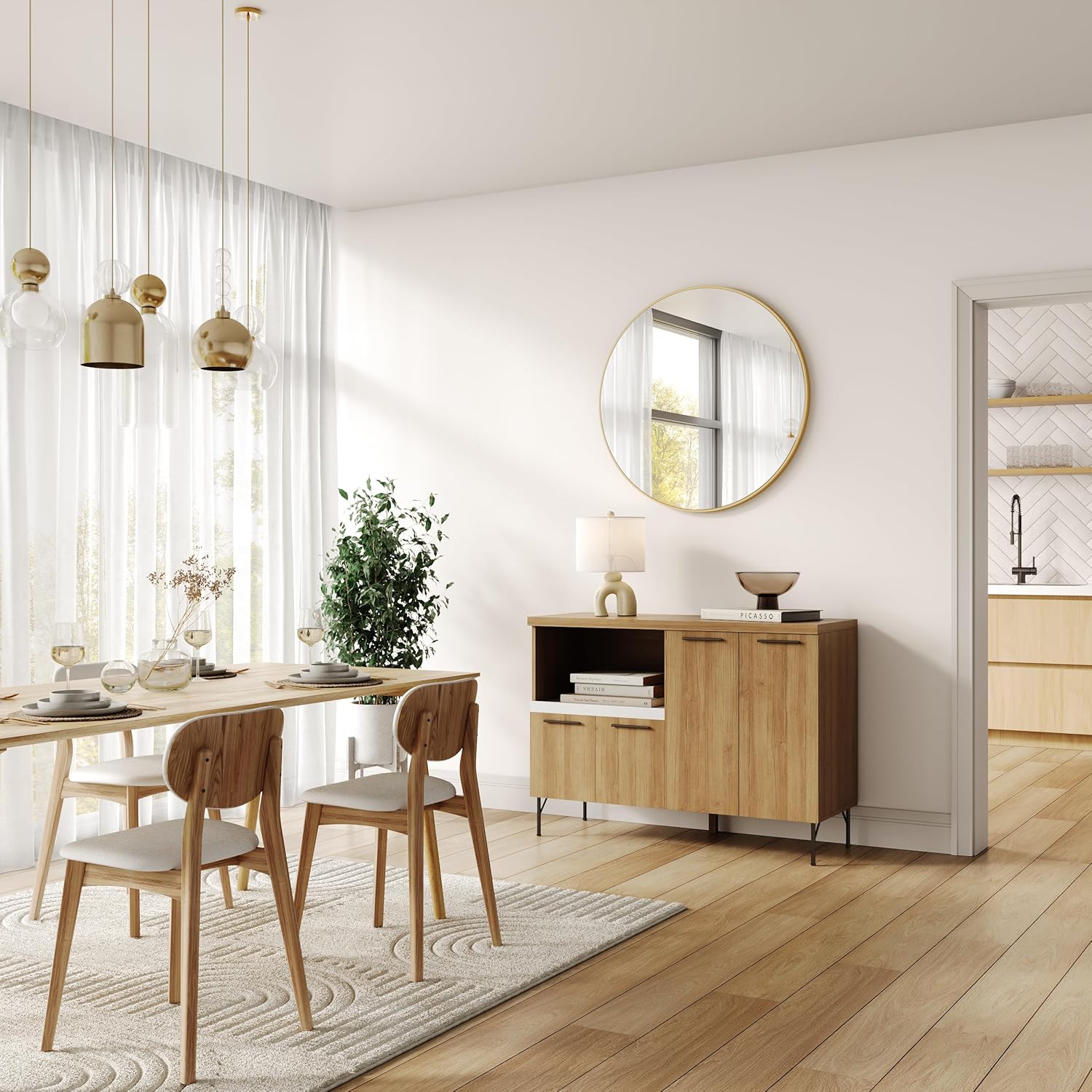 ഇൻ്റീരിയർ view of the Atlantic Ezra Storage Credenza showing shelves