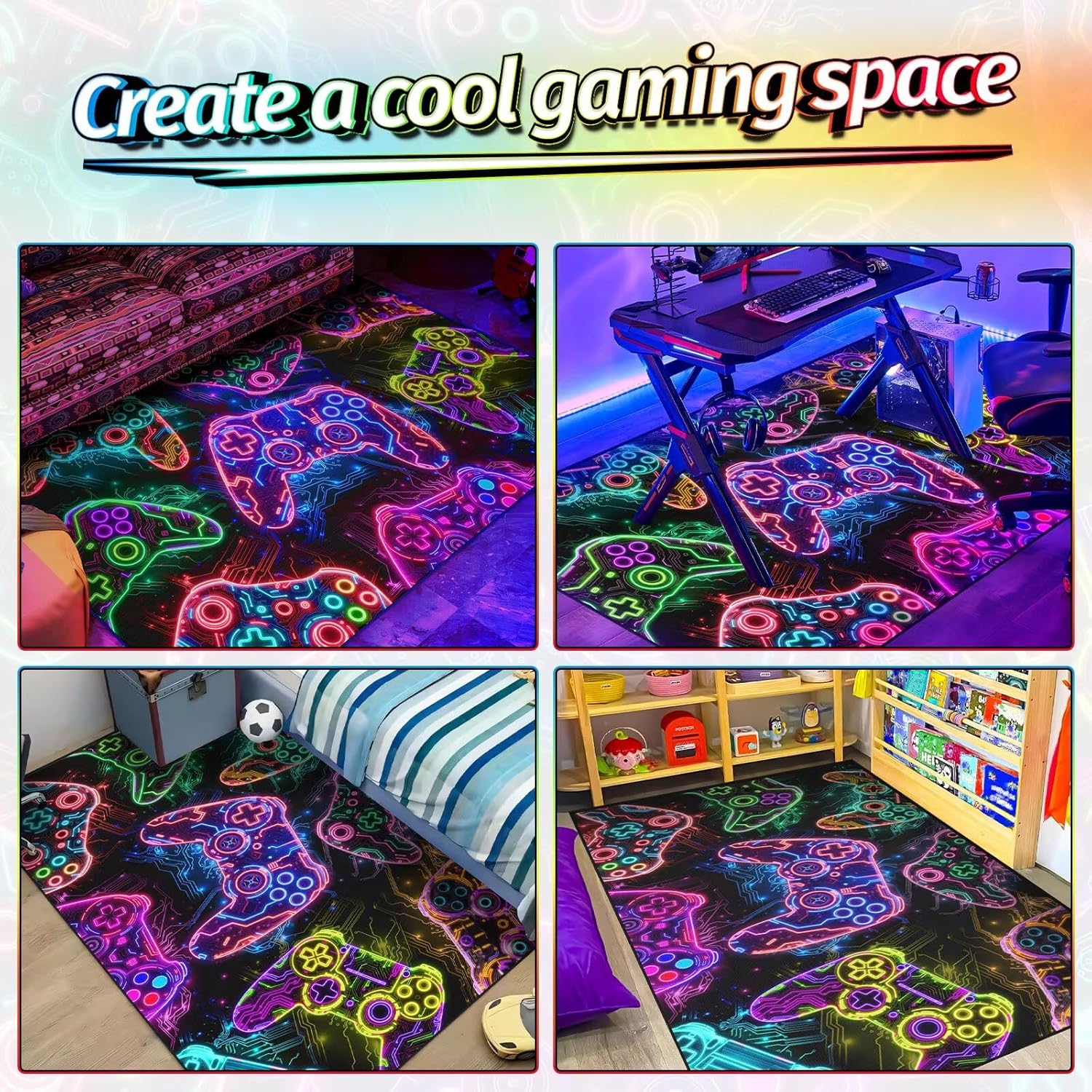 Gamer Rug for Boys Room,Gaming Room Decor Teen Boys Gaming Area Rug Colorful Video Game Carpet Cool Rugs for Bedroom, Playroom, Dorm,Game Room,Durable &Non-Slip Floor Mat 59x 35.4 in