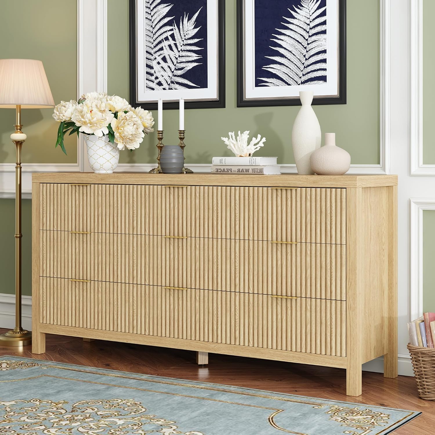 ZXSHD 9 Drawers, Modern Large Chest Mid Century Modern Dresser TV Stand, Storage Organizer Dresser with Solid Natural Wood Legs for Bedroom, Living Room, Hallway, Natural Oak