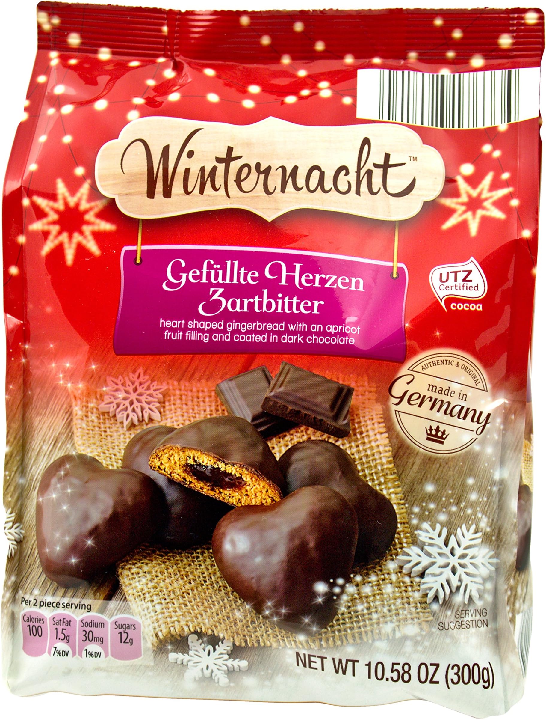 Gefullte Herzen Zartbitter Traditional German Cookies Heart-shaped Soft Gingerbread Covered in Dark Chocolate with Apricot Fruit Filling