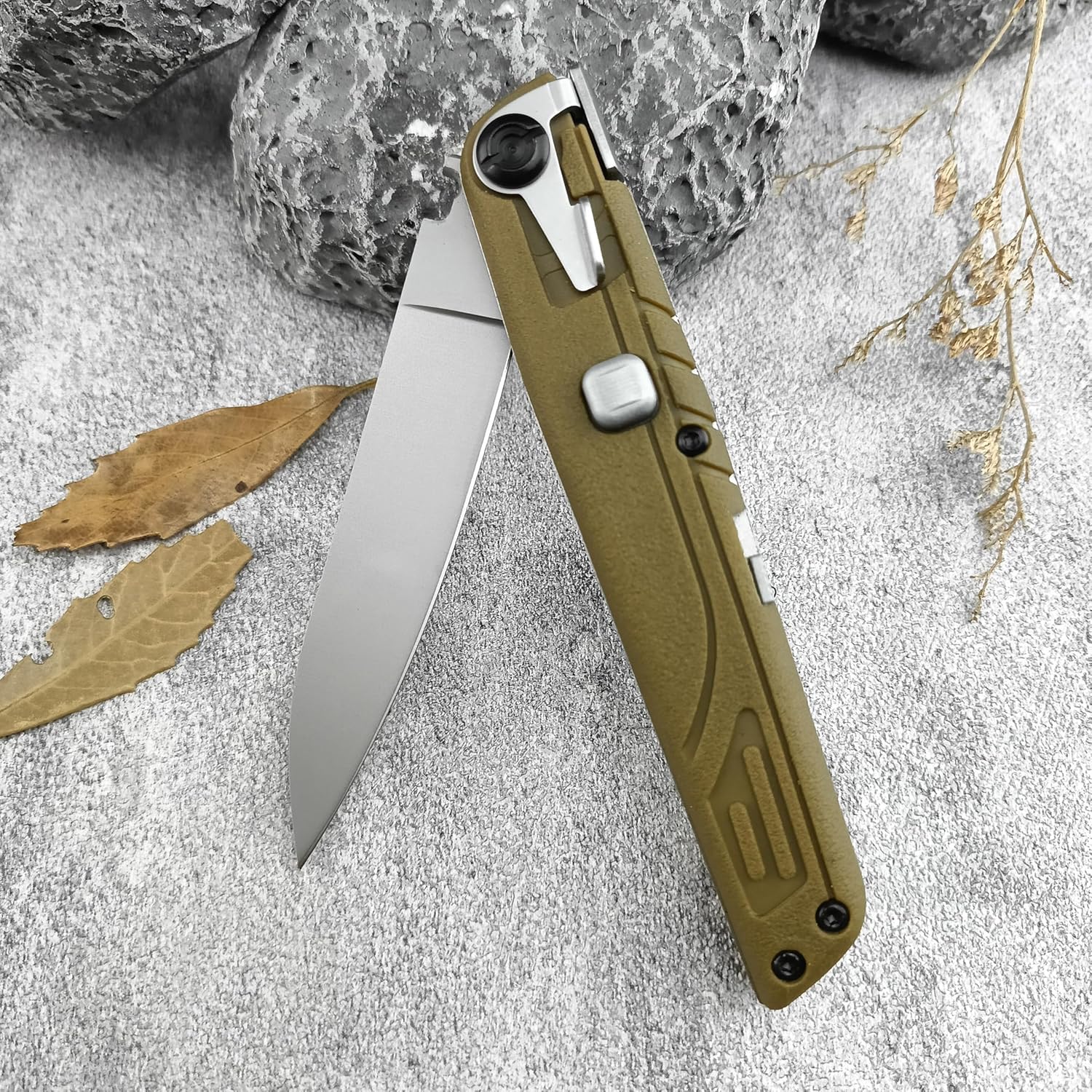 7.7" Tactical Manual open Folding Knife, 440C Satin Blade Nylon Fiberglass Handle with Nylon Sheath, EDC Pocket Knife for Indoor Outdoor Hunting Camping Fishing - Green