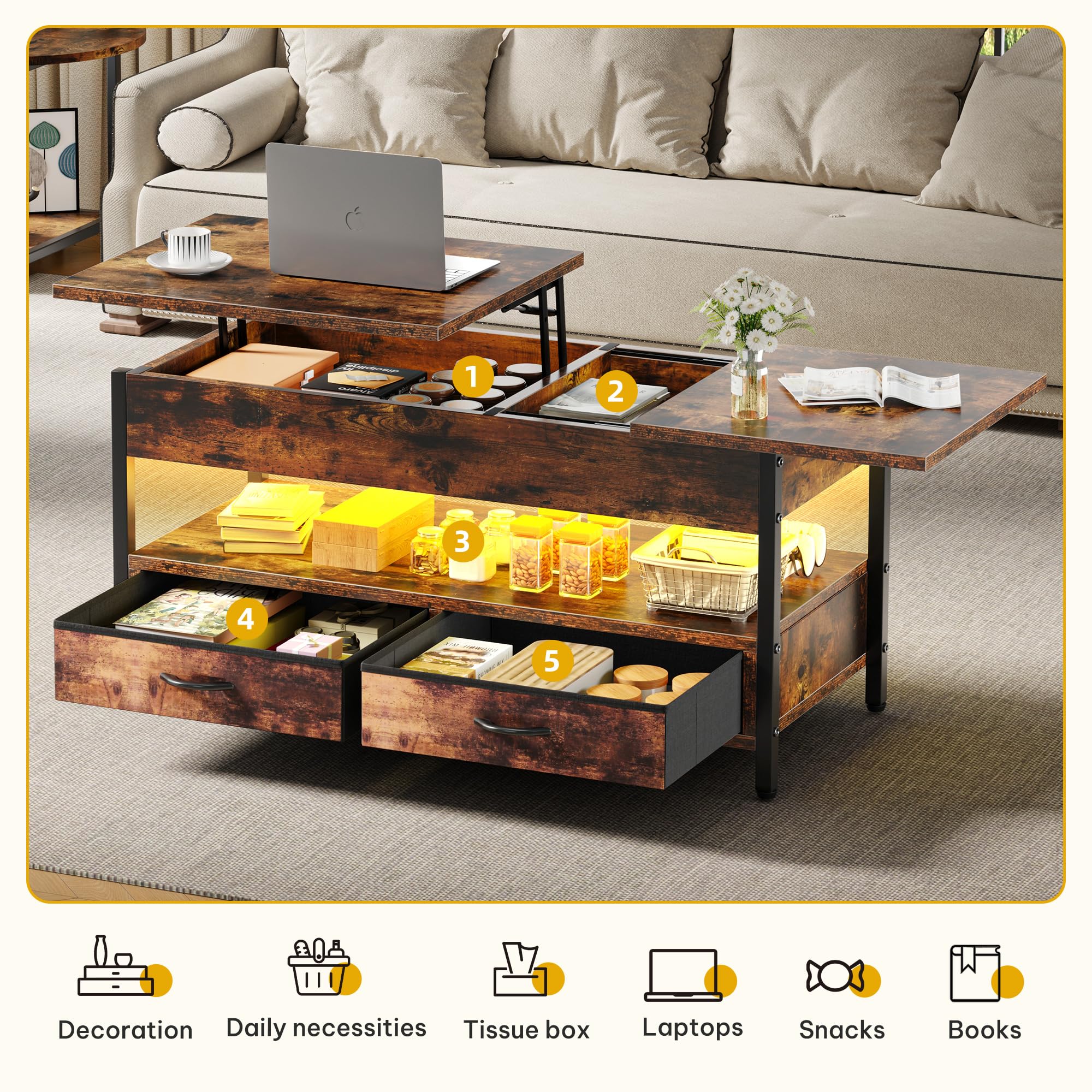 DWVO Couchtisch Höhenverstellbar mit 2 Schublade und Offener Lagerraum, LED Couchtisch mit Verstecktem Ablagefach, Wohnzimmertisch 106 x50x51,5cm