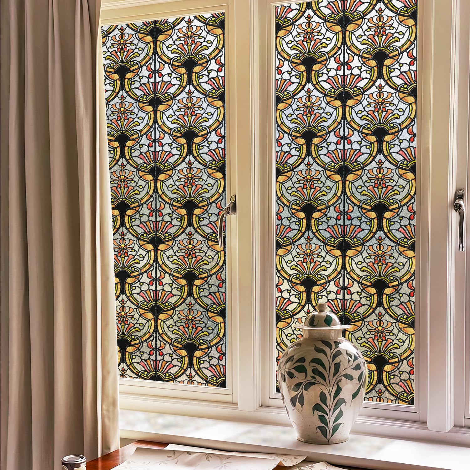 ChicSkin 3D Hand Drawn Stained Glass Window Film amber tracery 43X200CM — image 1