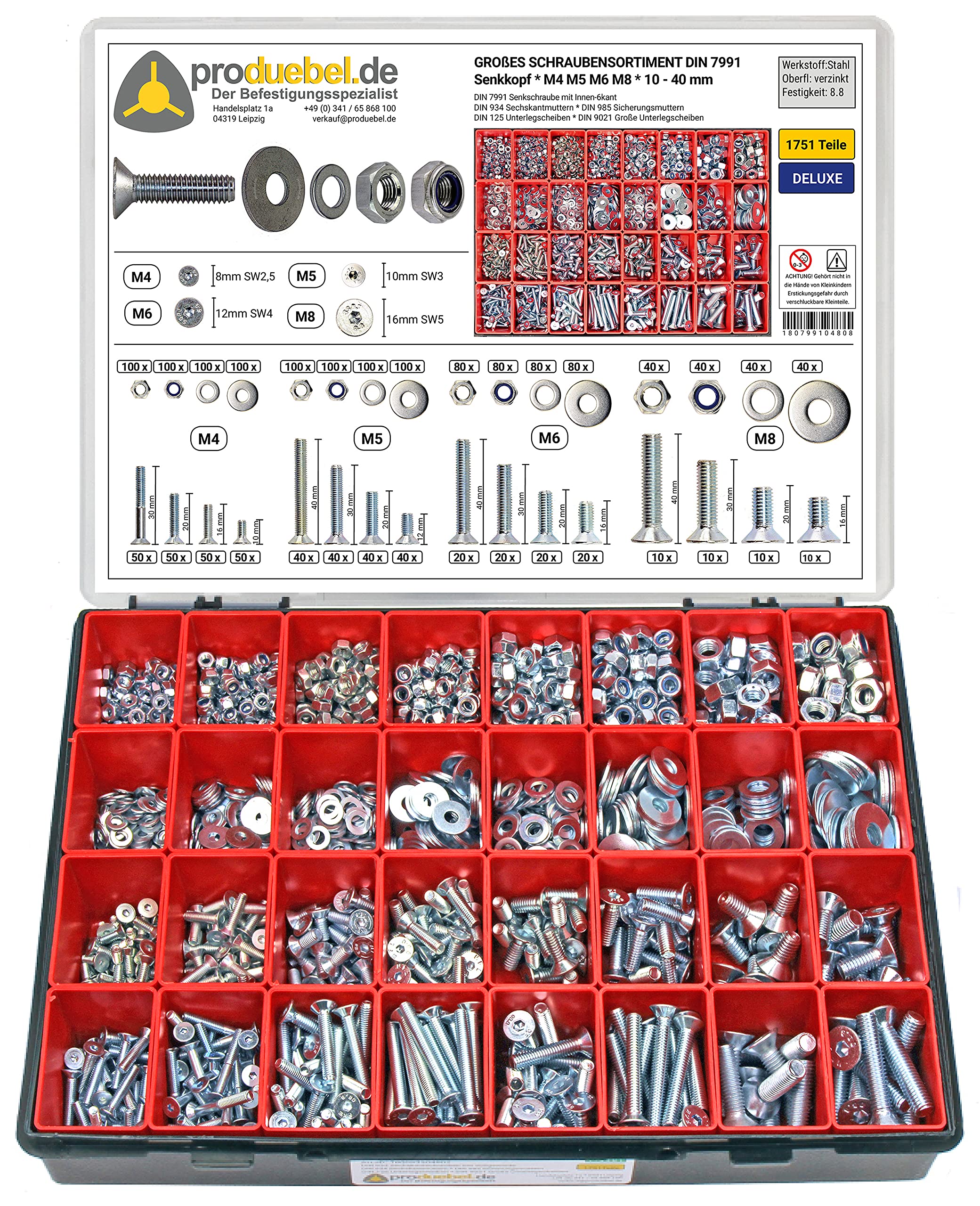 Großes Schrauben-Sortiment DIN 7991 Senkkopf M4/M5/M6/M8 Stahl verzinkt 8.8 (DIN7991+934+985+125+9021) 1751-tlg (Deluxe-Box)