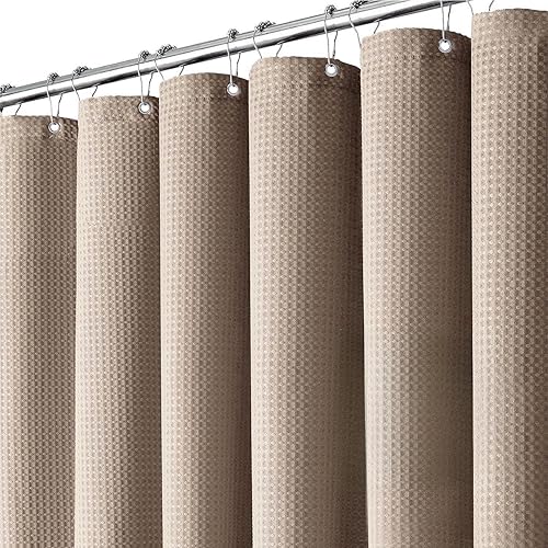 Inhousolu - Cortina de ducha de tela con tejido de gofre, resistente de 7.16 oz/m², dobladillo pesado, 8 ganchos de metal, repelente al agua,