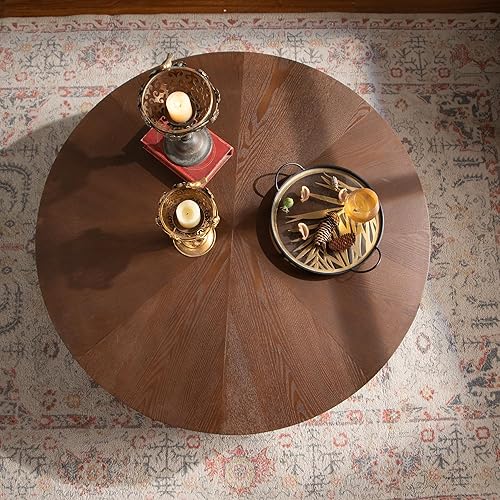 Miniatura 6 de GDFStudio Mesa auxiliar redonda de 39 pulgadas con tapas de nogal, mesas de centro circulares de chapa con textura de corteza con base de relieve
