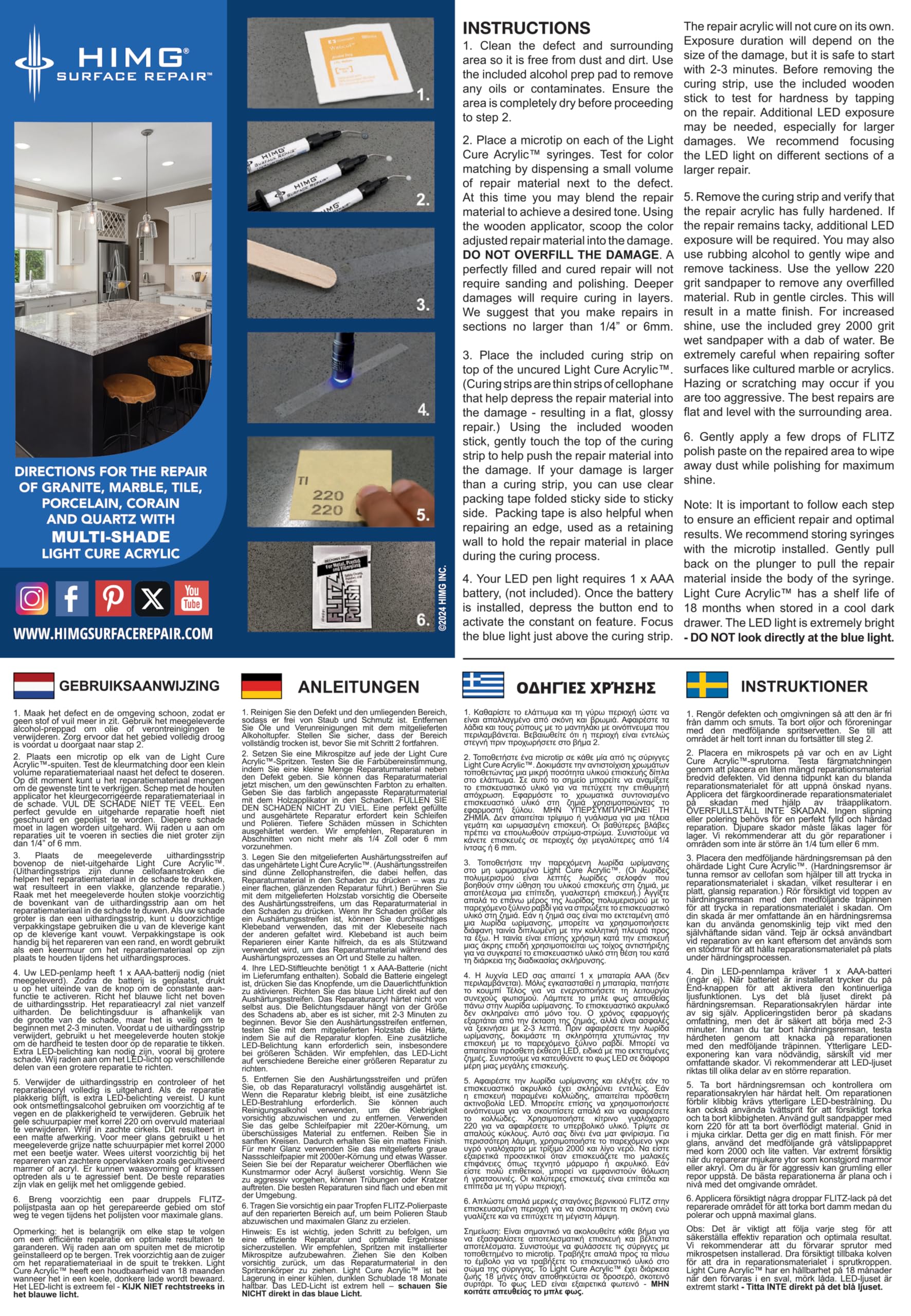Weiß - Reparaturset für Keramik, Mineralguss, Quarz, Marmor, Porzellan, Fliesen - Abplatzer und Oberflächenschäden - HIMG Surface Repair