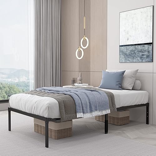 Miniatura 3 de DUMMUP Marco de cama individual de metal de 14 pulgadas, plataforma negra resistente con soporte de listones de acero, fácil montaje, sin ruido,