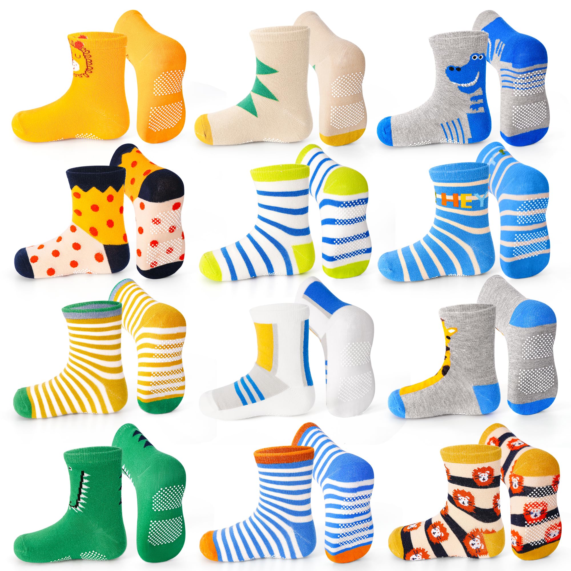 ELUTONG Jungen Antirutsch Socken, 12 Paar Kinder Weich Stoppersocken mit Rutschfeste Noppen für Jungen und Mädchen 1-3 Jahre (Krokodil)