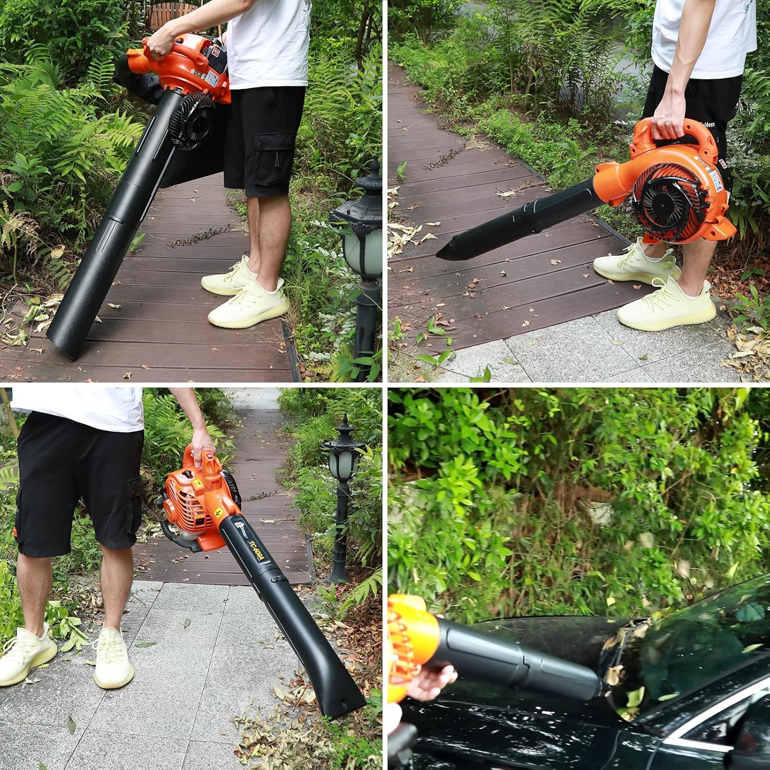 Multiple images showing the yifaeux EB260 Gas Leaf Blower being used to clear leaves from a wooden path and debris from a car surface.