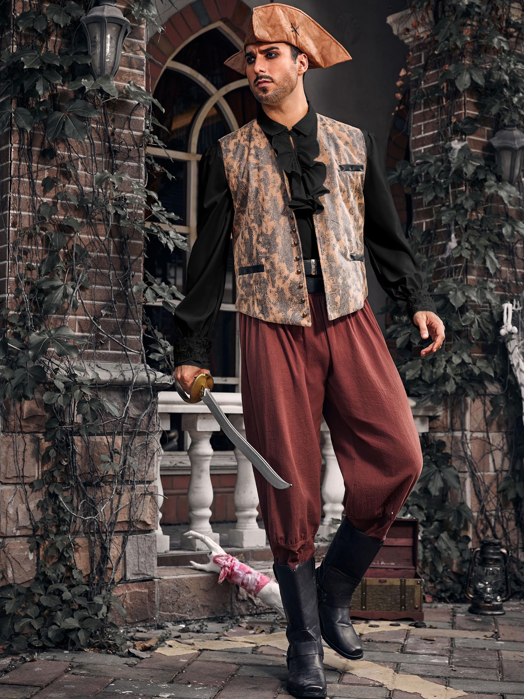 Runcati Camisa pirata para hombre, con volantes, victoriana, renacentista, steampunk, vampiro, poeta, disfraz medieval de Halloween, 01 Negro, Small