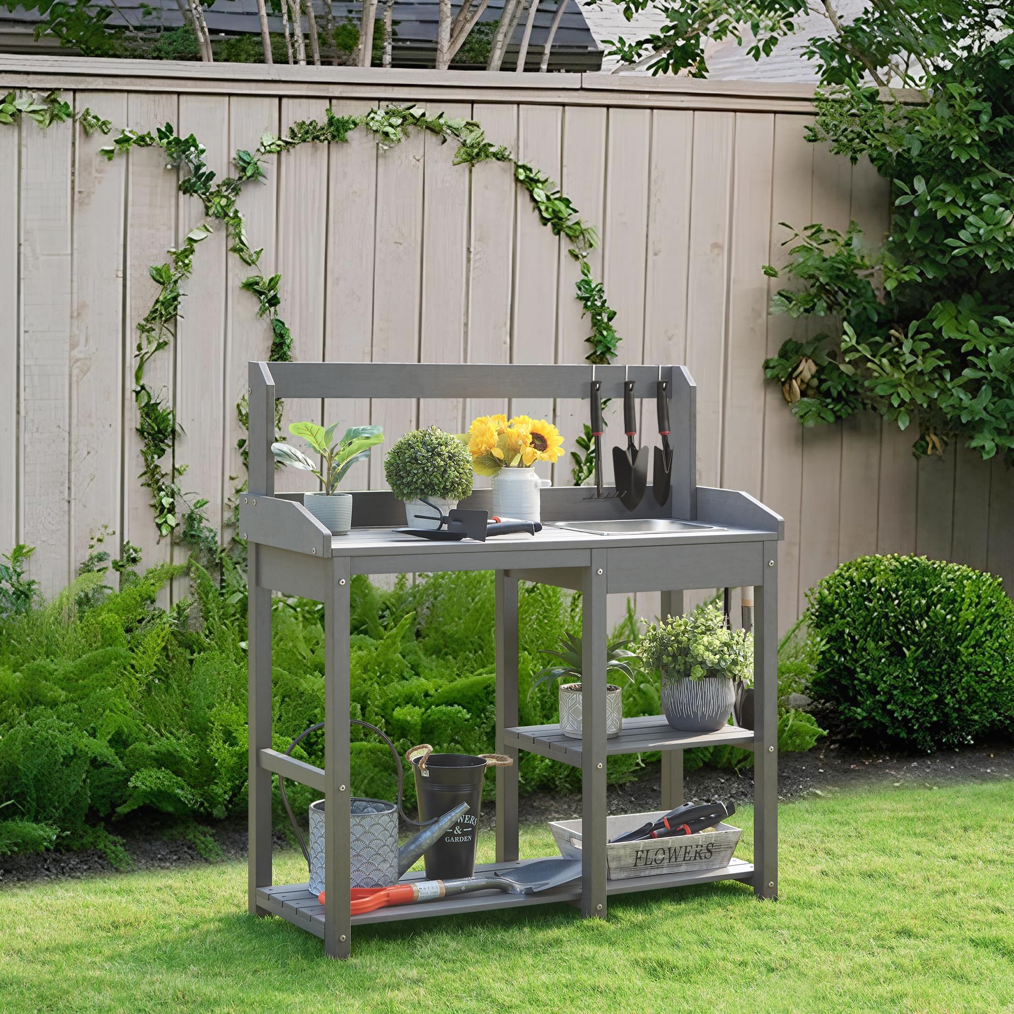 Psilvam Outdoor Potting Bench With Sink Rot Resistant Hdpe Potting