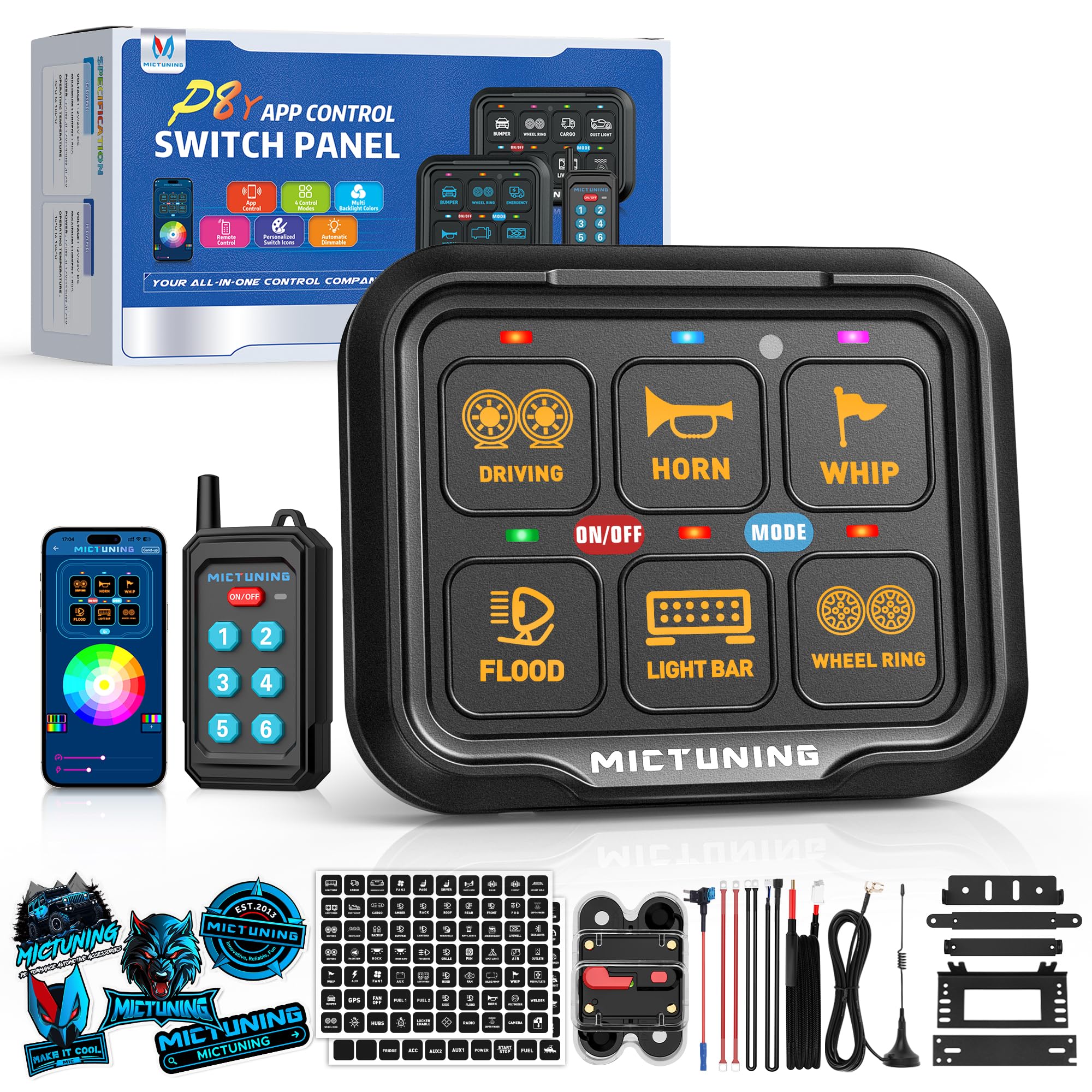 Photo 1 of MICTUNING P8Y 6 Gang Switch Panel, Bluetooth RGB APP&RF Remote Control 230FT 433MHZ Long Range, IP67 Waterproof Auxiliary Backlit Off Toggle Pulsed Momentary Strobe Circuit Control System Box for Car