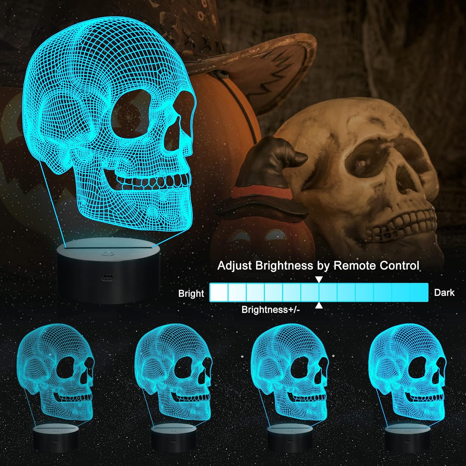 Ammonite Skull Night Light for Kids, 3D Illusion Lamp LED Desk Table Lamp 16 Colors Change with Remote Control and Timing Function, Best Christmas Halloween Birthday Gift for Child Boys