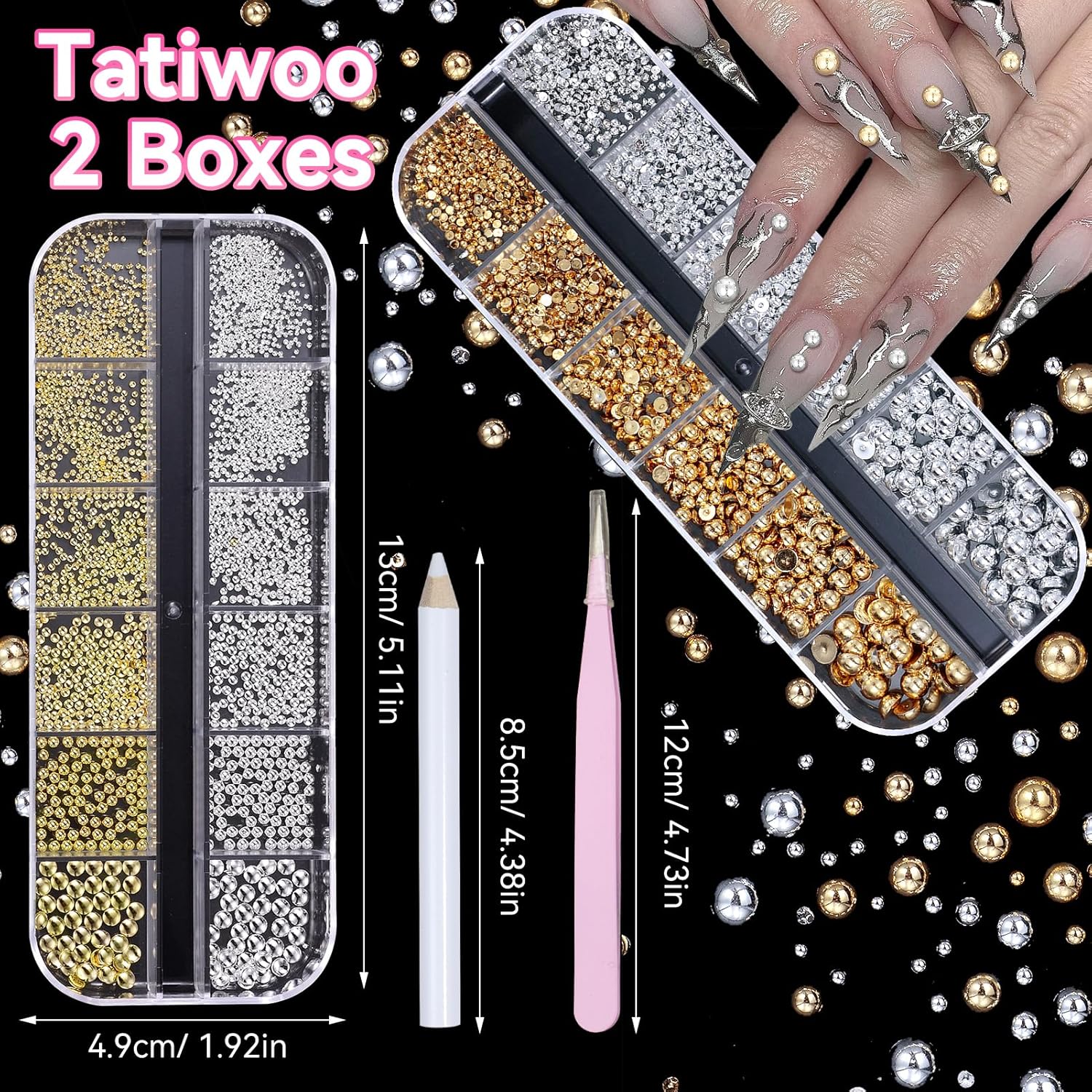 Gold Silver Nail Art Pearls Beads Mixed Sizes Half Pearls for Nail Art, 2 Boxes Gold Silver ABS Flatback Pearl for Nails Mini Caviar Nails Beads Studs, Nail Beads Pearls for Women Nail Design - Image 4