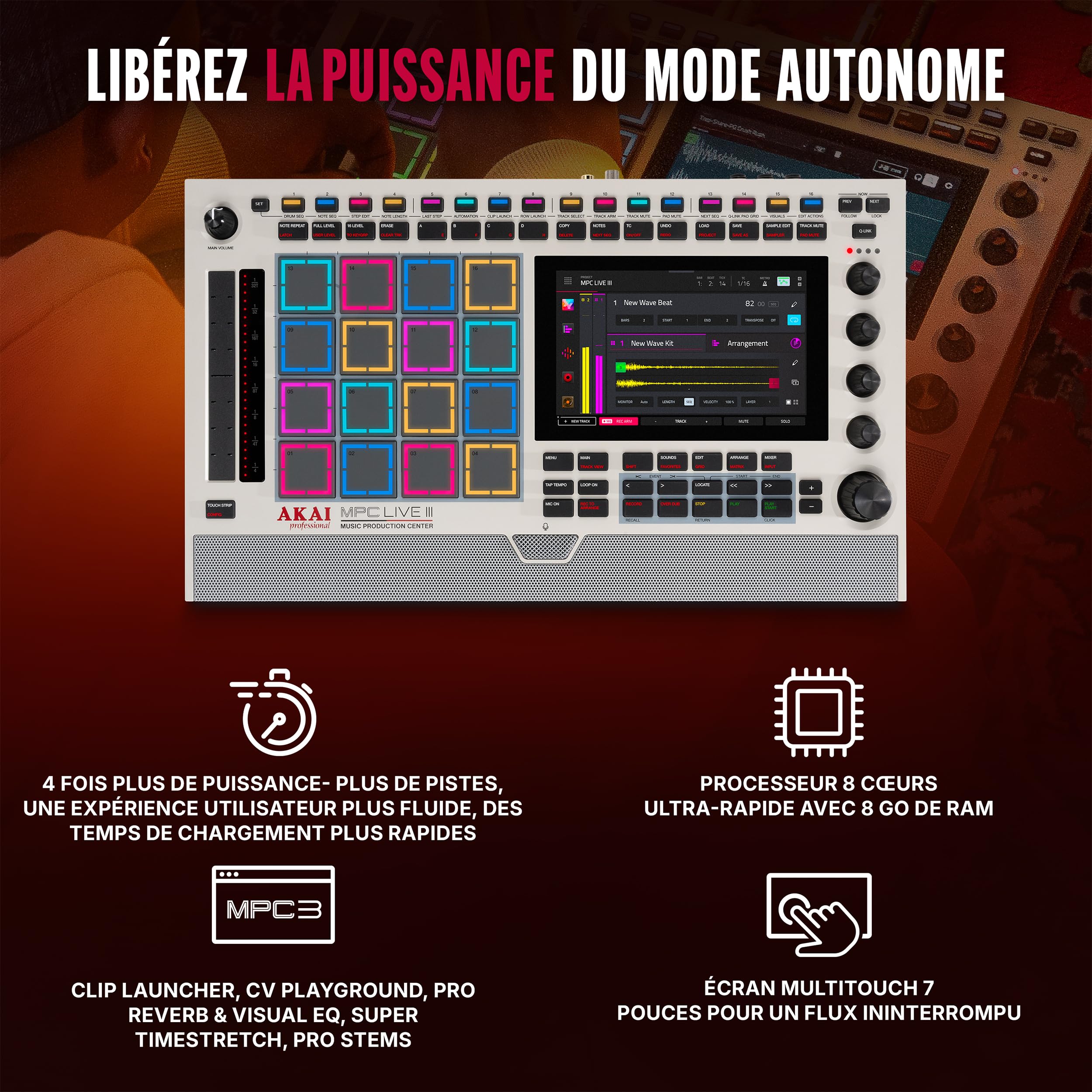 Akai Professional MPC Live III Retro Centre de Production Musicale Portable Autonome avec Pads MPCe, Séquenceur, Écran Tactile, Micro, Enceintes Stéréo, Interface Audio, Wi-Fi, Bluetooth et Batterie