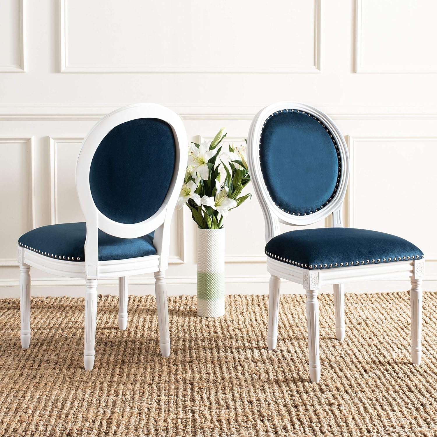 Safavieh Home Collection Holloway 19''H French Brasserie Linen Oval Navy Velvet and Cream Side Chair