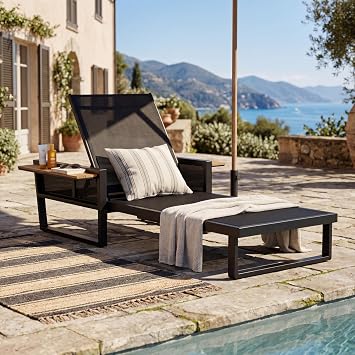 Outdoor Chaise Lounger with Foldable Armrests, Black Iron Sun Tanning Chair,400 lbs Capacity, Adjustable Backrest for Patio Poolside Backyard