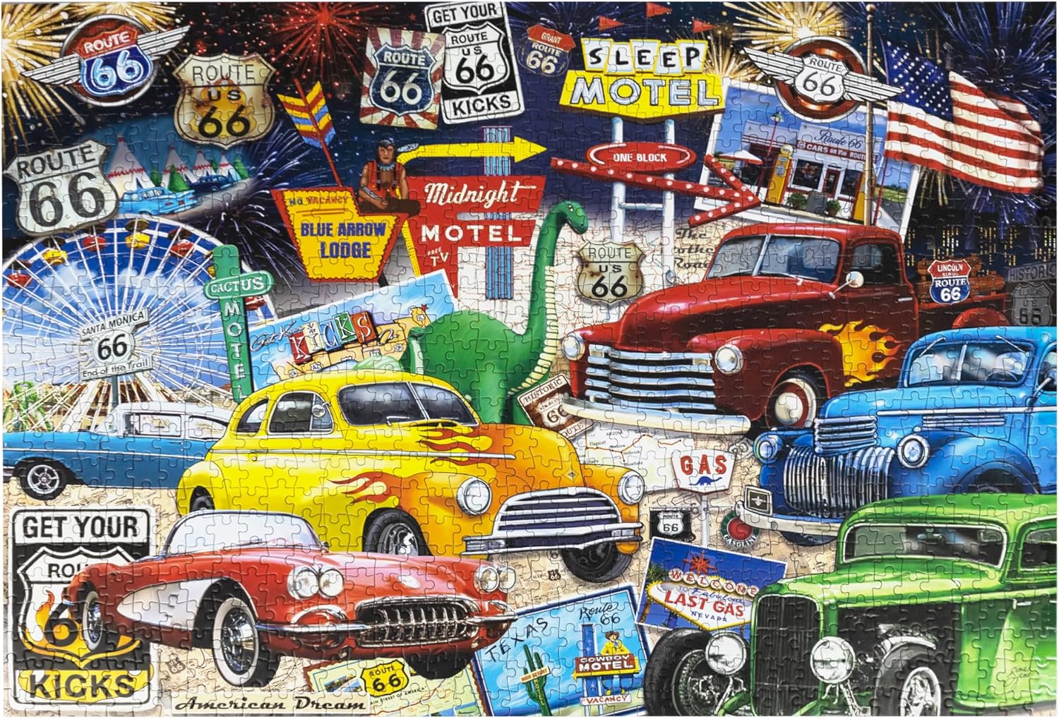 Crown Point Graphics Route 66 Vintage Cars and Trucks Puzzle, 1000 Piece Jigsaw Puzzle