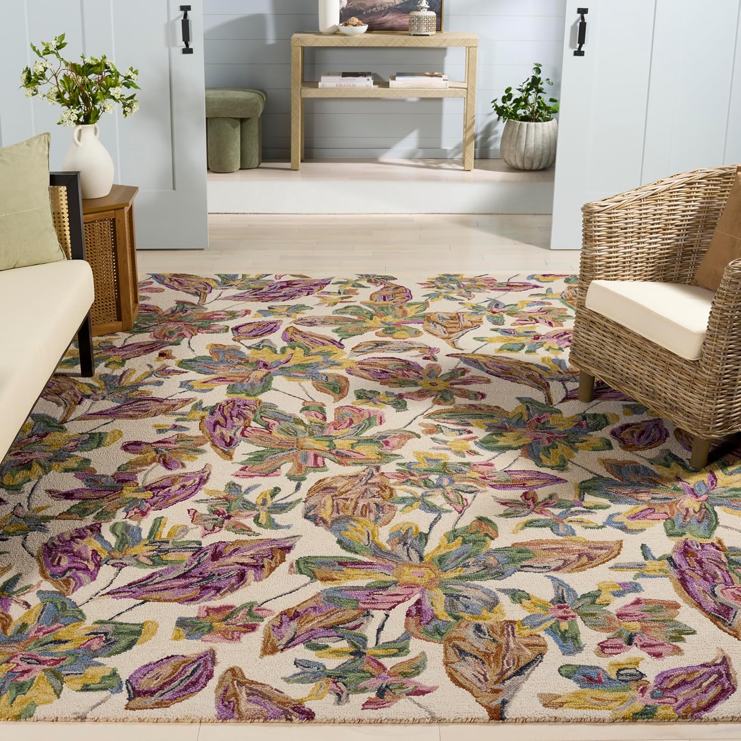 SAFAVIEH Area Rug 8x10 - Blossom Collection - Large - Ivory & Plum, Handmade Wool, Floral Design, Ideal for Living Room, Bedroom, Office, Dining Space (BLM461A)