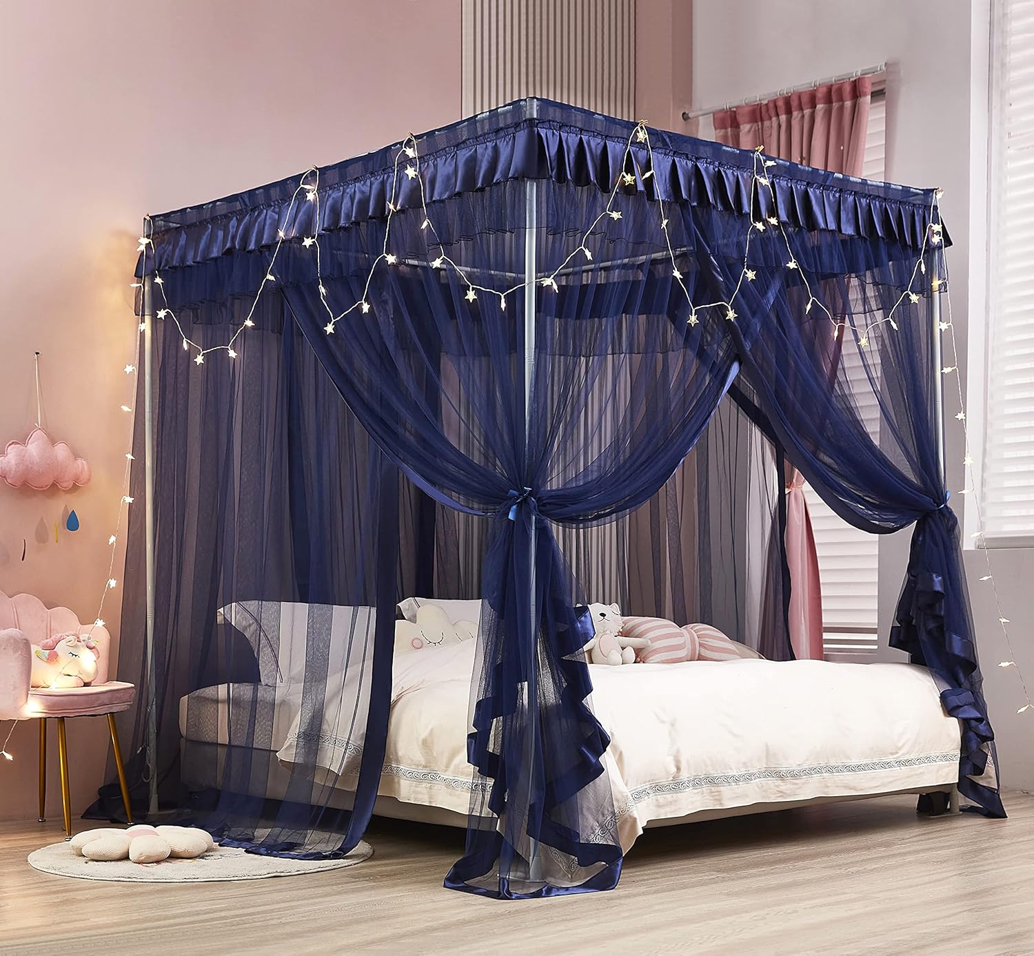 Mengersi Canopy Bed Curtains Bed Canopy Royal Luxurious Cozy Drapes Netting- Elegant Bed Sheer Bedroom Decoration Accessories for Adults(Navy Blue,Queen)