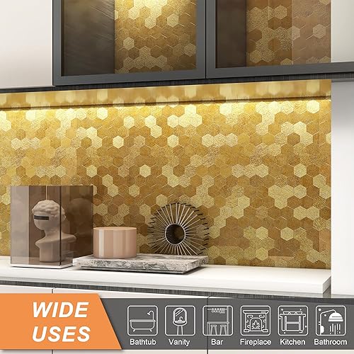 Miniatura 3 de VAOVI Azulejos dorados para salpicaduras de cocina, adhesivos de mosaico autoadhesivos, resistentes al calor, impermeables (10 hojas, hexagonal