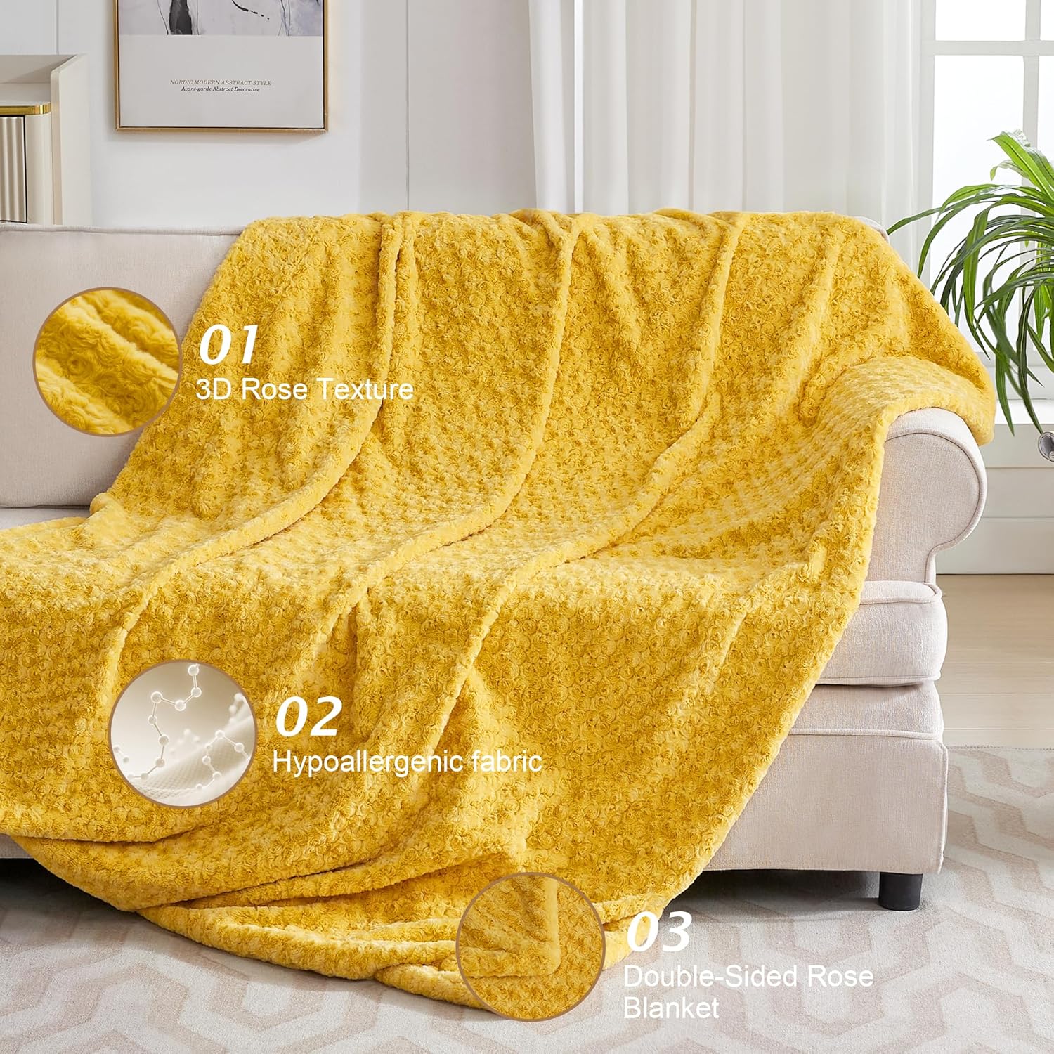 Double-Sided Faux Fur Throw Blanket, Fuzzy Soft Plush Thick Warm Fluffy Shaggy Fuzzy Blanket for Couch, Sofa, Bedroom, Luxury Blanket Valentines Day Gifts for Her, Yellow, 50"x60"