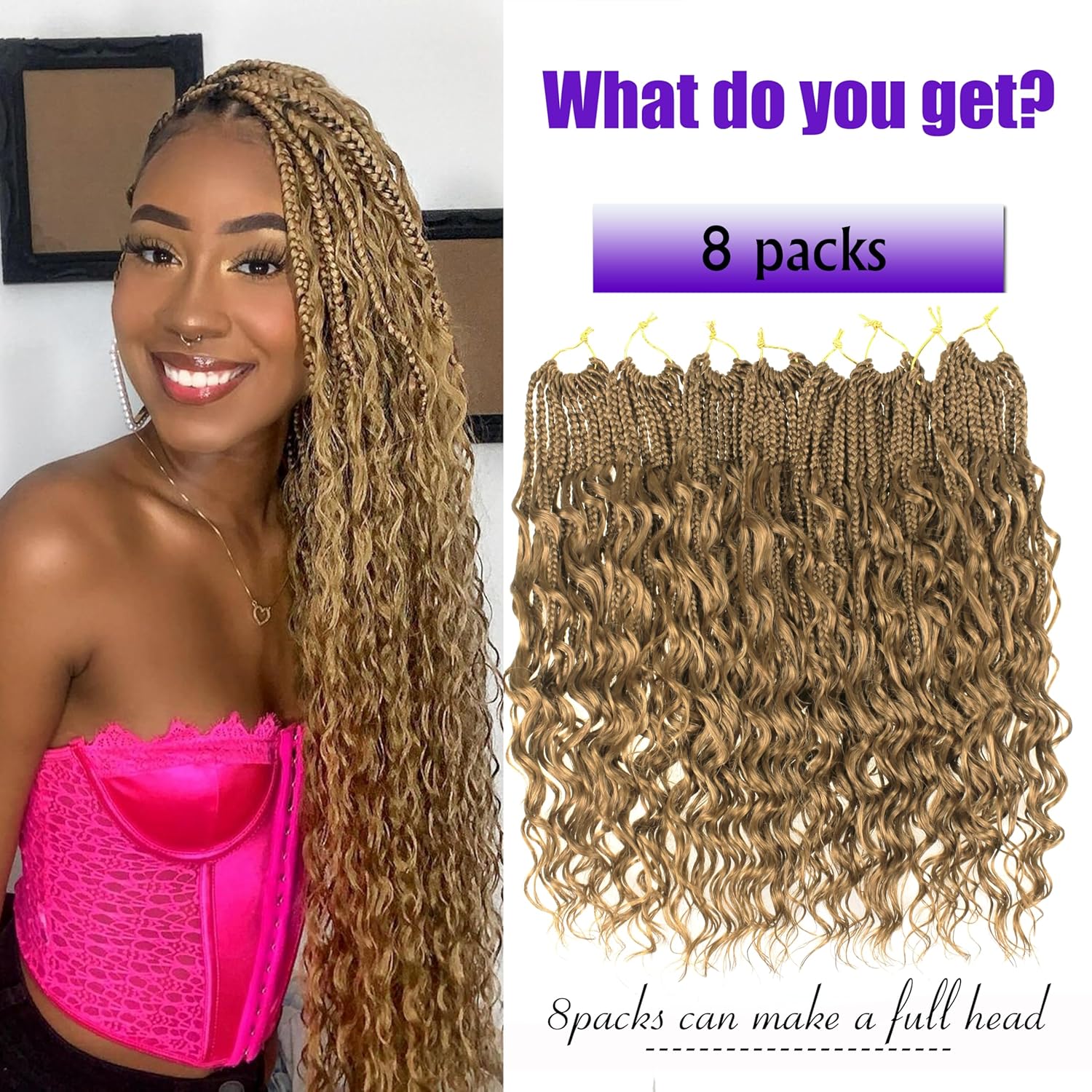 Goddess Box Braids Crochet Hair 18 inch Pure Protein Fiber Close to Human Hair 8 packs Boho Crochet Braids for Black Women Pre looped Bohemian Box Braid with Curly Ends Hair Extensions(18 inch, #27)