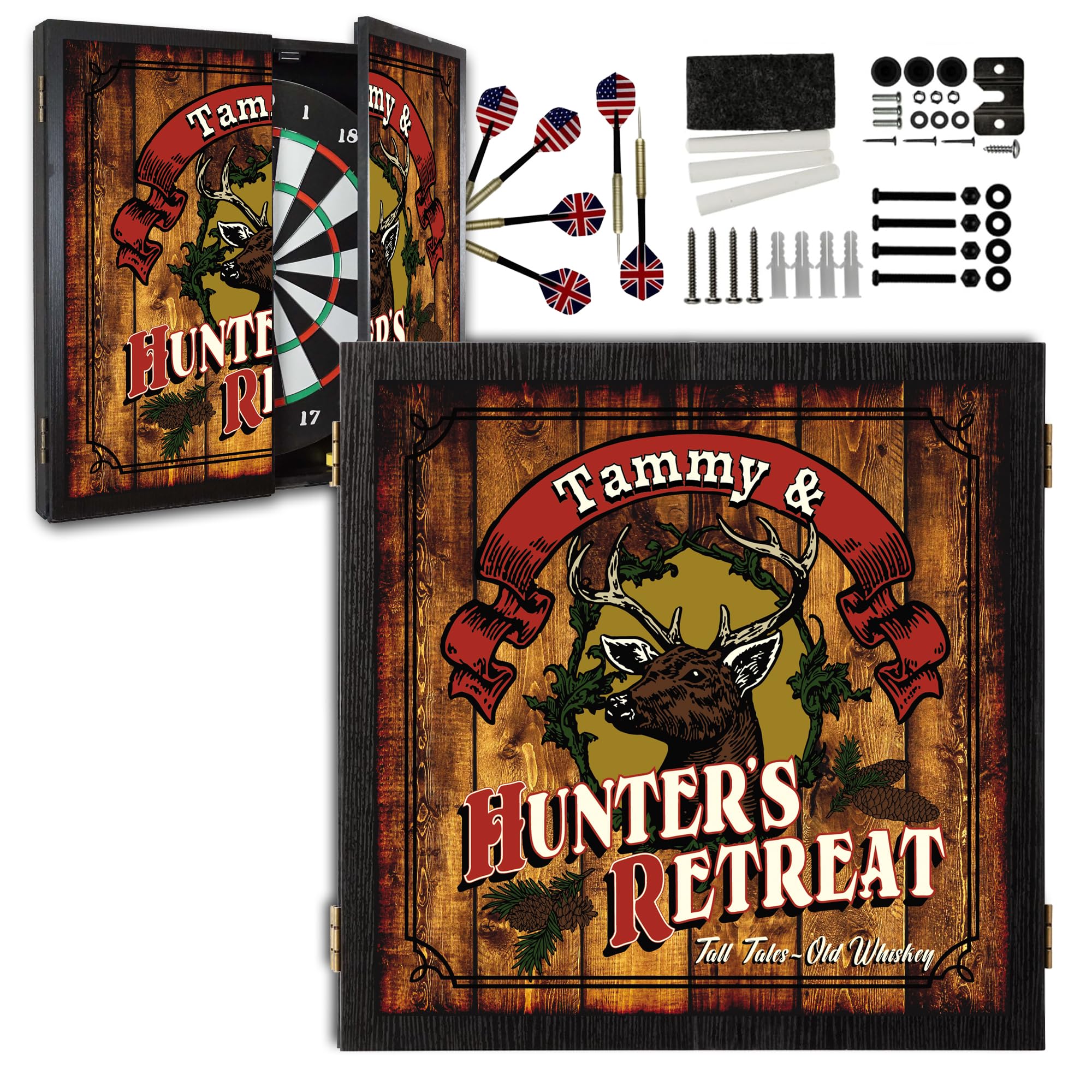 Personalized Dart Board Cabinet Set with 6 Steel Tip Darts, Paper Dartboard, Chalk & Eraser (21.5 x 21.5 x 2.75) - Man Cave Dart Boards for Adults