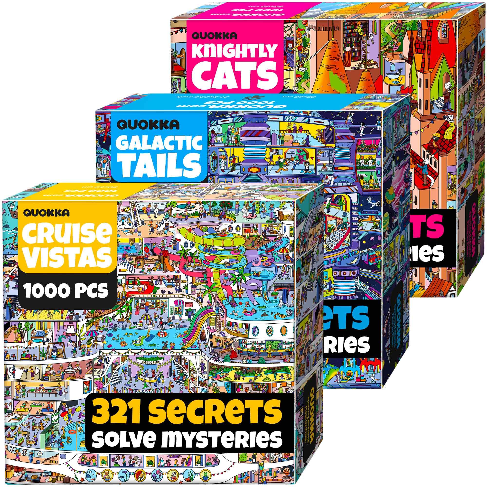 QUOKKA 1000 Piece Jigsaw Puzzle for Adults – Set of 3 Puzzles for Adults 1000 Pieces Premium Box Packaging - Knightly Cats, Animal Bash, Cruise Vistas - Fun Challenges - Stunning Scenic Animal
