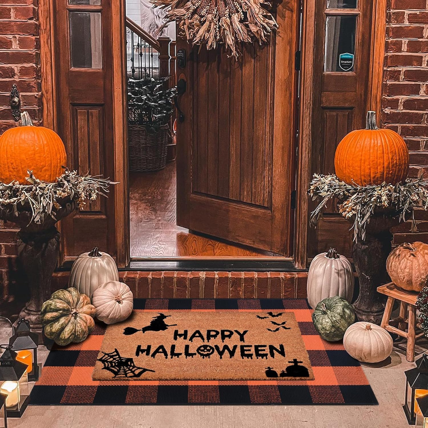 Halloween Decor Doormat Combo Set, 100% Coco Coir Welcome Mat + 3' x 5' Orange and Black Plaid Rug - Halloween Fall Front Porch Entryway Decor Floor Mat, Outdoors Autumn Mats Happy Halloween