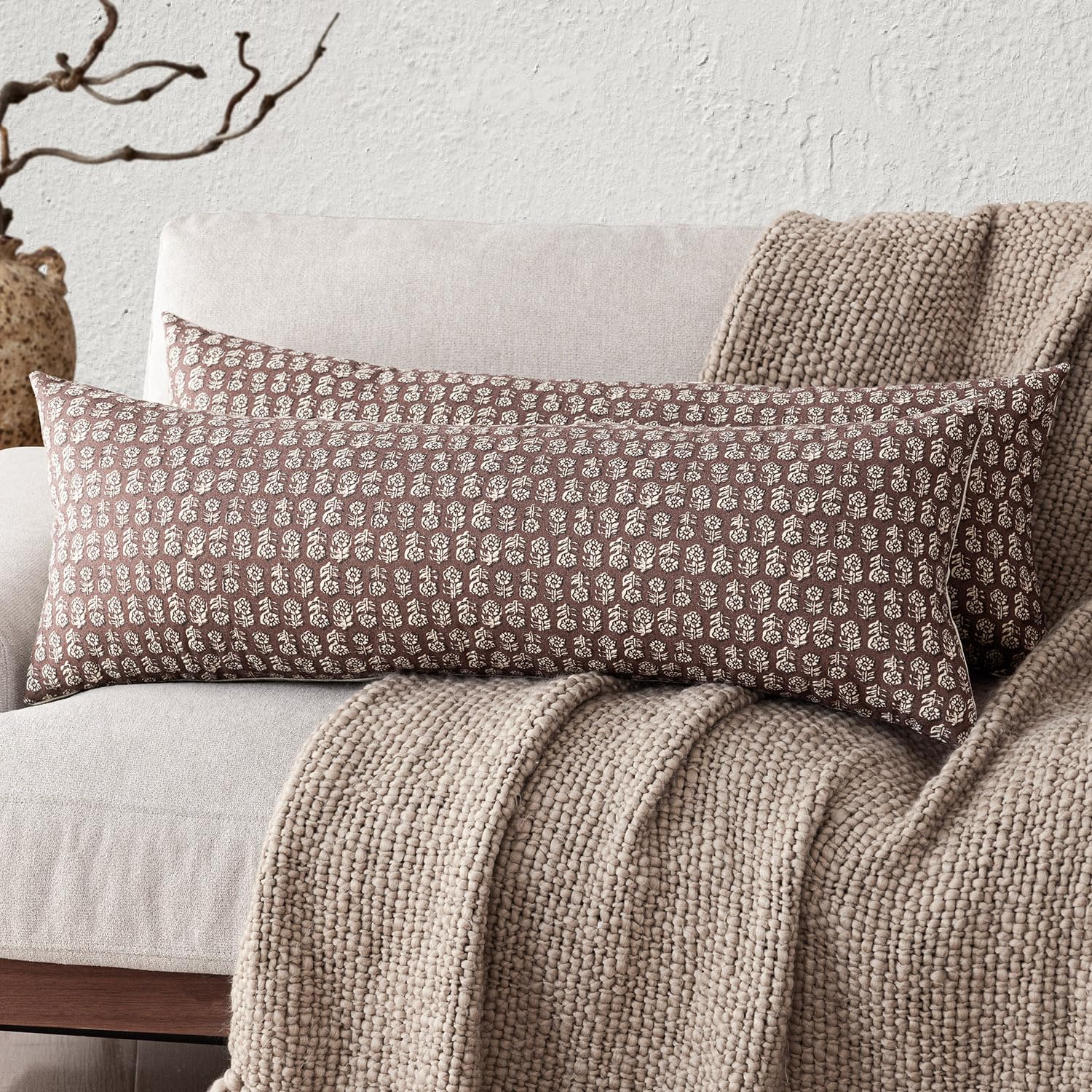 Foindtower Long Floral Print Lumbar Throw Pillow Covers 14×36 Inch,Wine Red