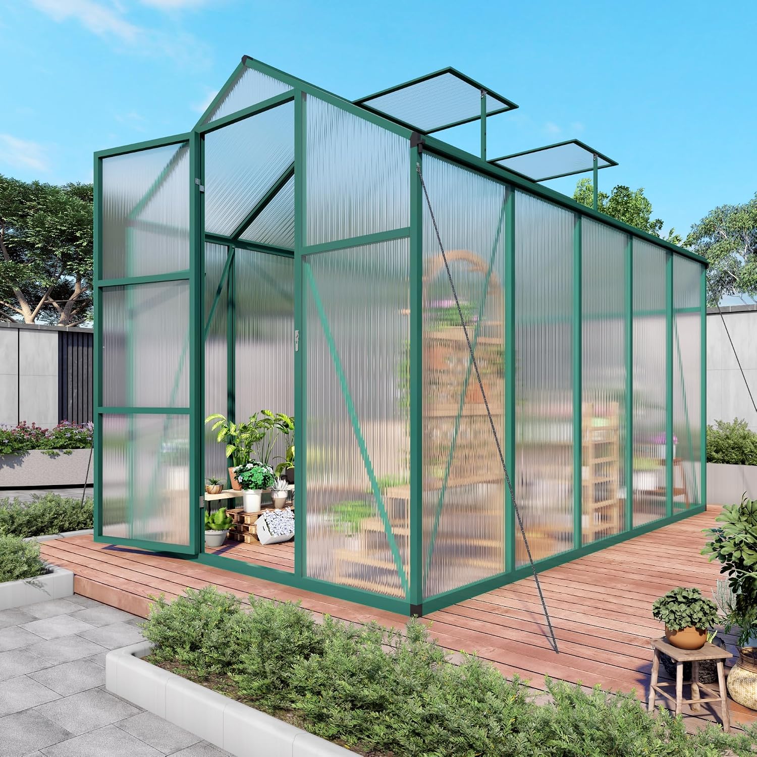 86.4in High 6*10FT Greenhouse for Outdoors, Polycarbonate Green House for Outside with Stronger Wind Protection and Roof Vent,Walk-in Large Aluminum Sunroom Winter Proof, Green
