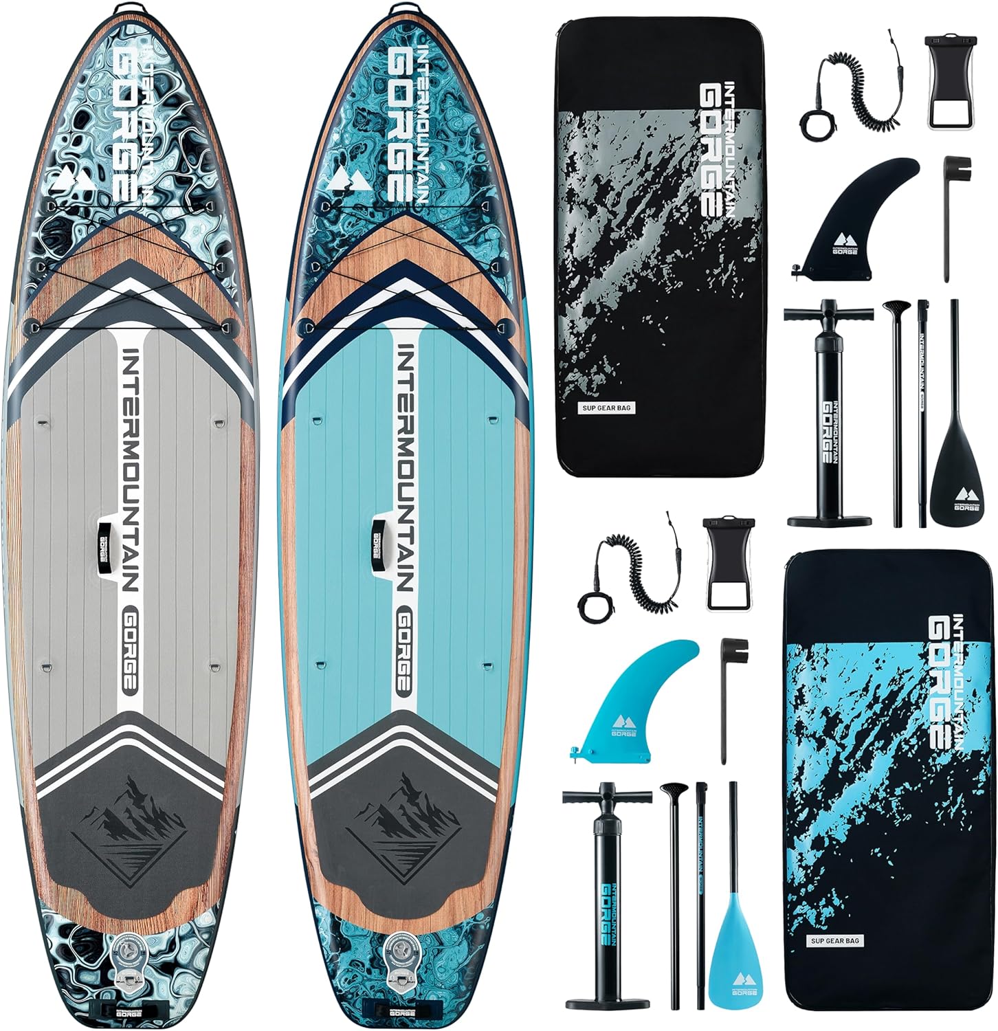 11'x34 Ultra-Wide SUP 2-Board Bundle – 420lb Capacity Each, All-Accessory Kit, 100L Backpack (Woodgrain Blue&Gray)
