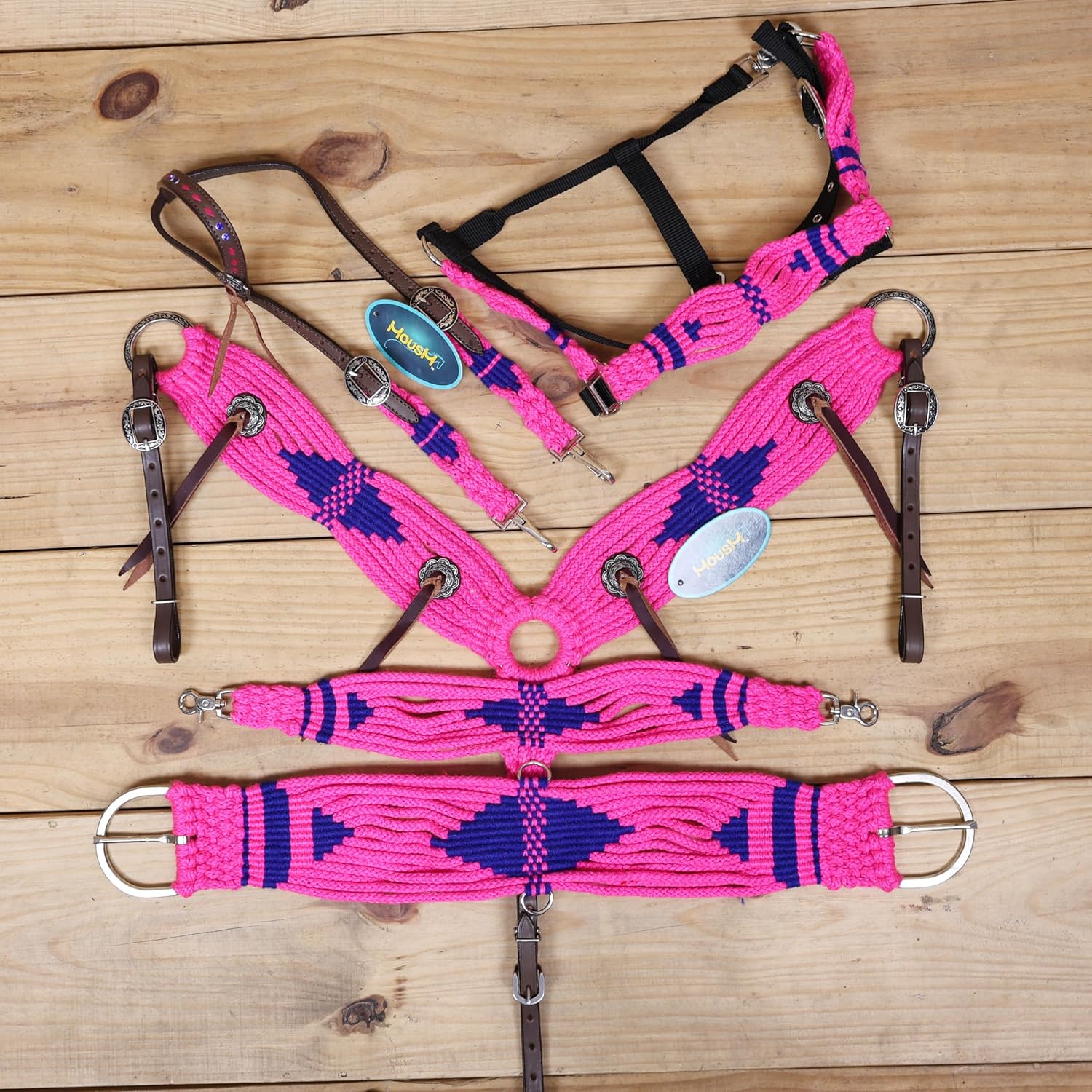 Pink and Royal Mohair Western Headstall Tack Set with 32” Front Girth – Complete Set with Breast Collar, Bronc Halter & Wither Strap – Antique Copper Hardware – Handcrafted