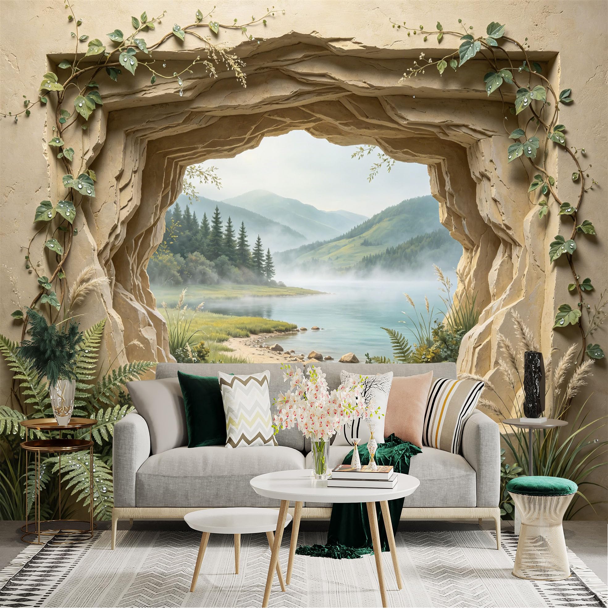 Custom Size Wall Sticker Mural， Mountain Lake View Through Stone Arch with Ferns and Misty Forest， for wall Decoration， peelandstick wall Decals.
