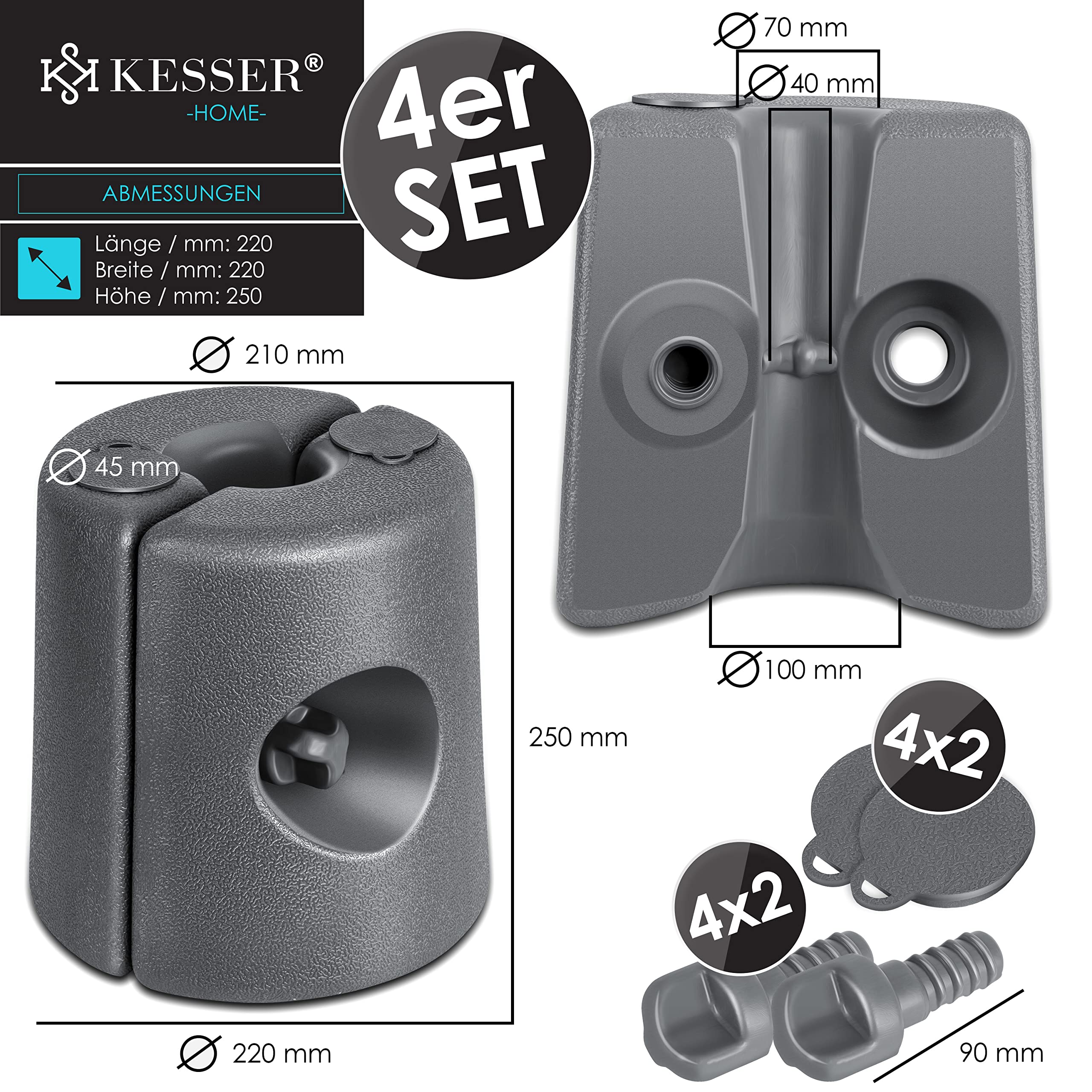 KESSER® Soportes para Pabellón Conjunto de 4 Soportes | de Pabellón Rellenables con Agua/Arena 22 x 22 x 25cm Pesos HDPE para Estabilización de Carpas de Jardín Cenadores, Antracita