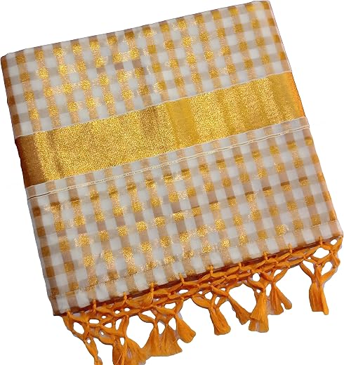 DhevStylish Womens Cotton Kerala Kasavu Golden Medium Checked Tassels Saree with Running Blouse