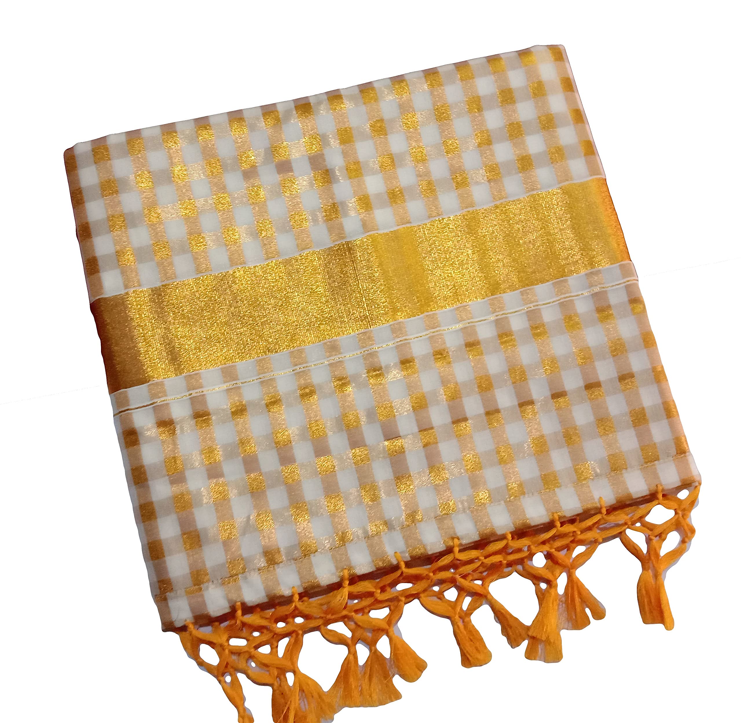Womens Cotton Kerala Kasavu Golden Medium Checked Tassels Saree with Running Blouse-image-40