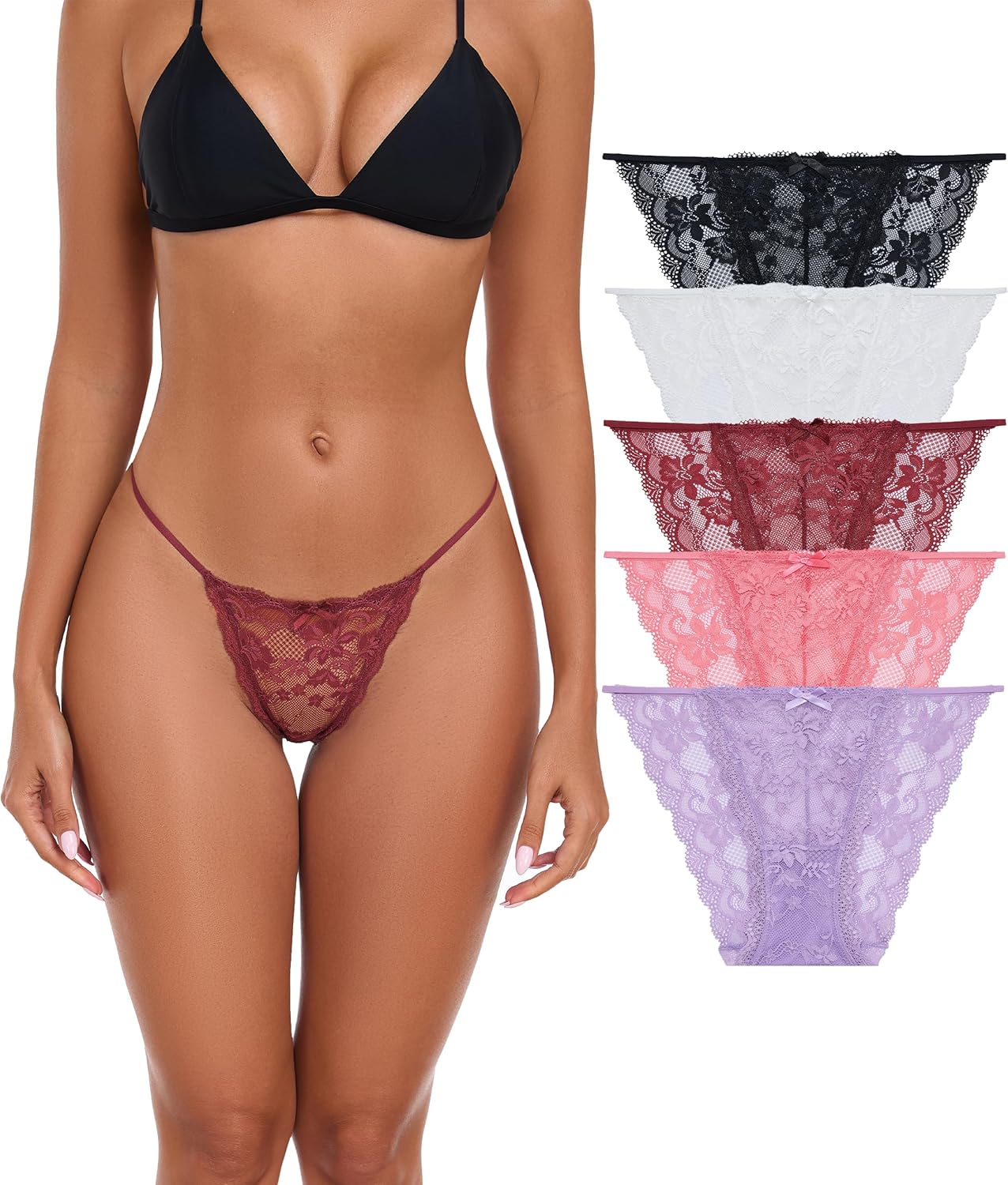 ANLIQI Womens Sexy Lace String Bikini Underwear High Cut Panties Breathable Hipster Panties Lace Cheeky Bikini Panty 5 Pack