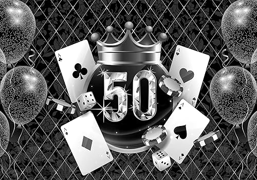 Telón de fondo de 50 cumpleaños, temática de póquer, fondo de Las Vegas, pancarta de fiesta de cumpleaños plateada negra, suministros de decoración